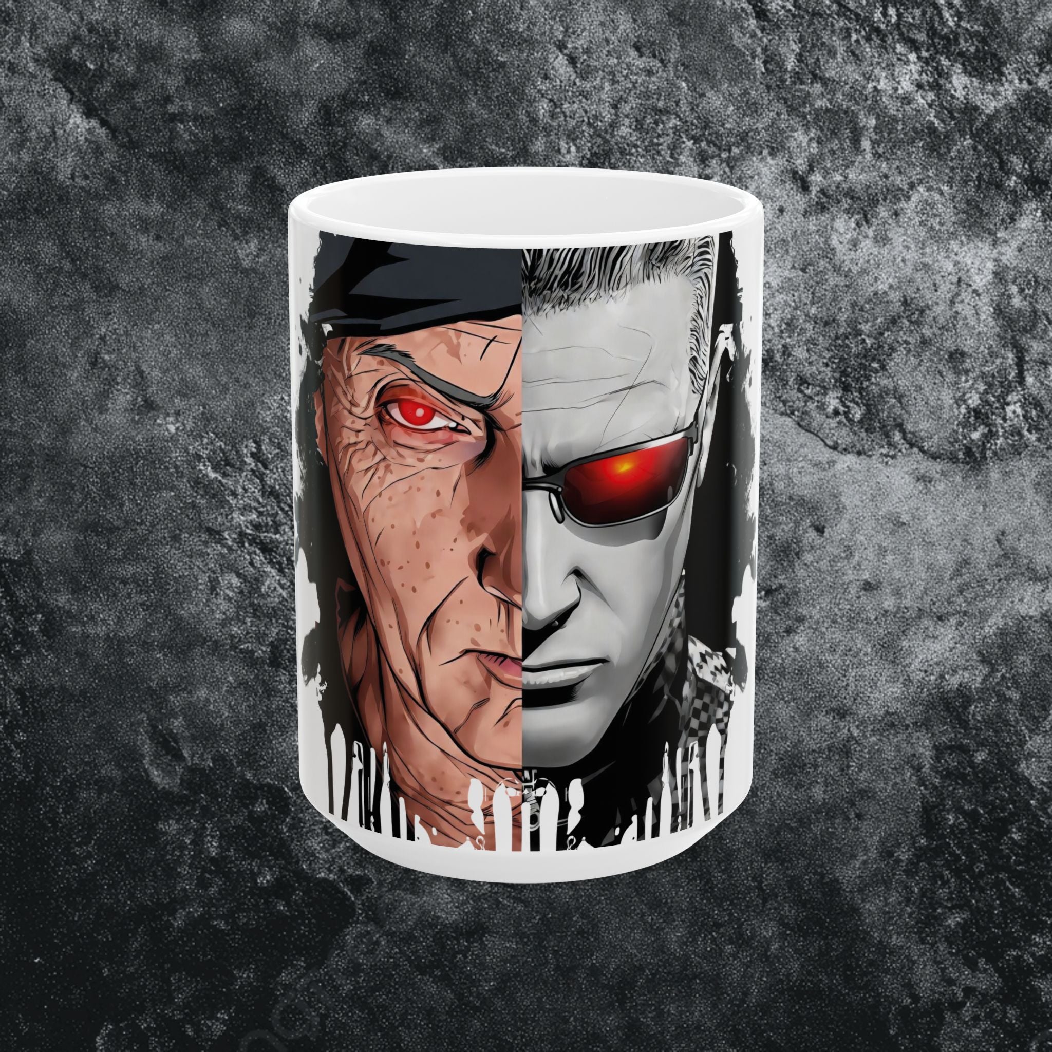 Split Face Cyborg vs Mutant Mug — Sci‑Fi Half‑Human Red Eye Ceramic Coffee Cup (11oz/15oz) JIGSAW Y WESKER - JIGWES