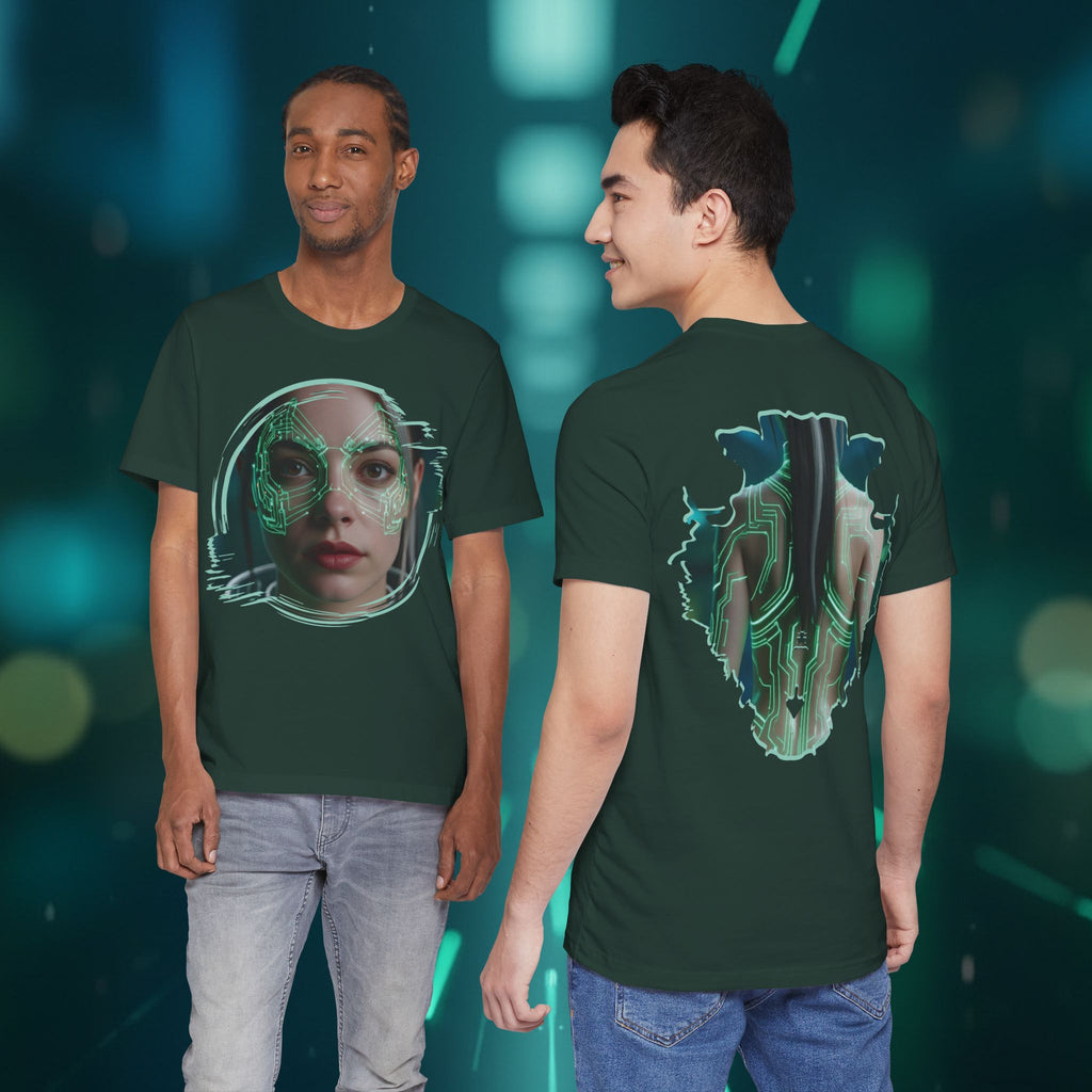 Cybernetic Portrait Tee — Futuristic Neon Circuit Face Graphic Shirt - Green Cyborg Woman