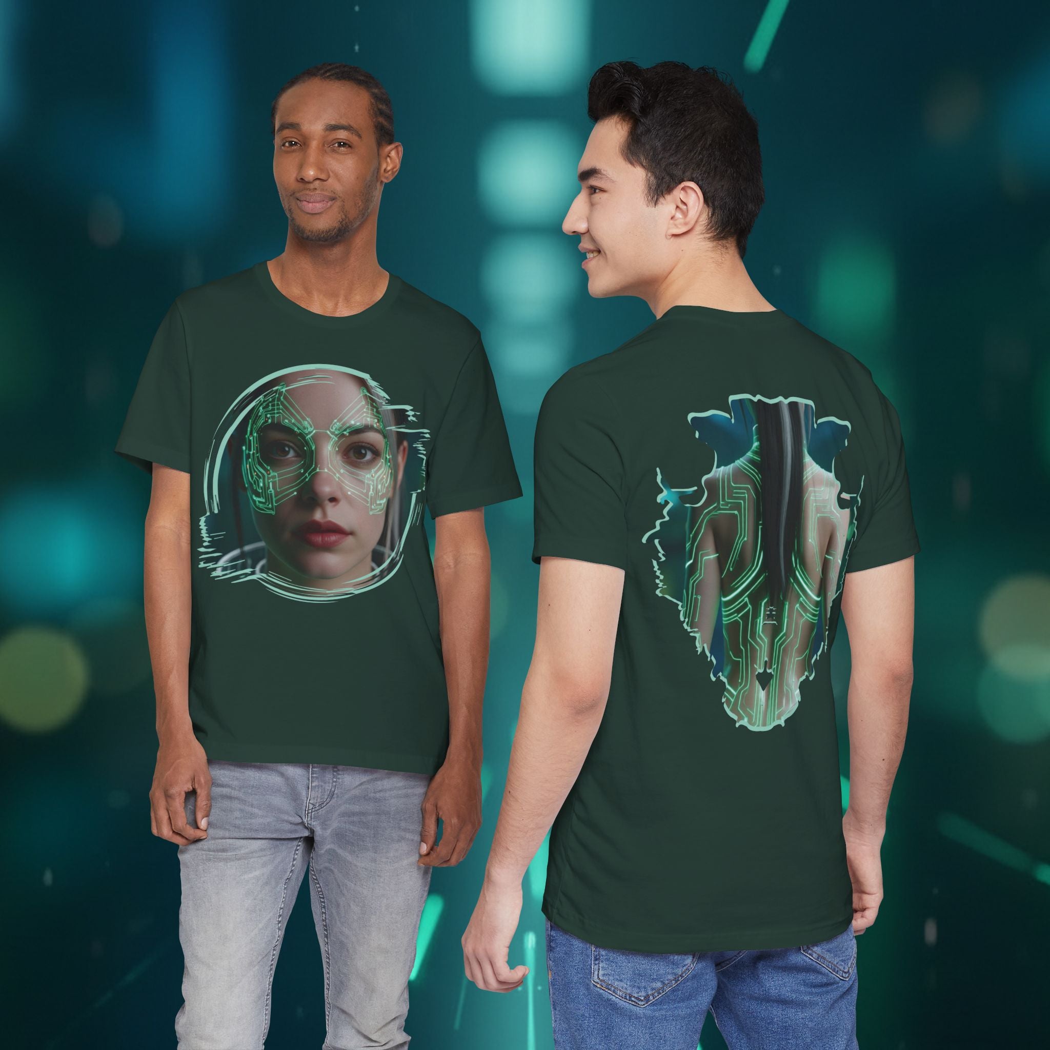 Cybernetic Portrait Tee — Futuristic Neon Circuit Face Graphic Shirt - Green Cyborg Woman