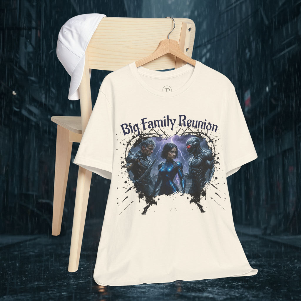 T-Shirt — "Big Family Reunion" Sci‑Fi Character Heart Graphic Tee - Battle Suits