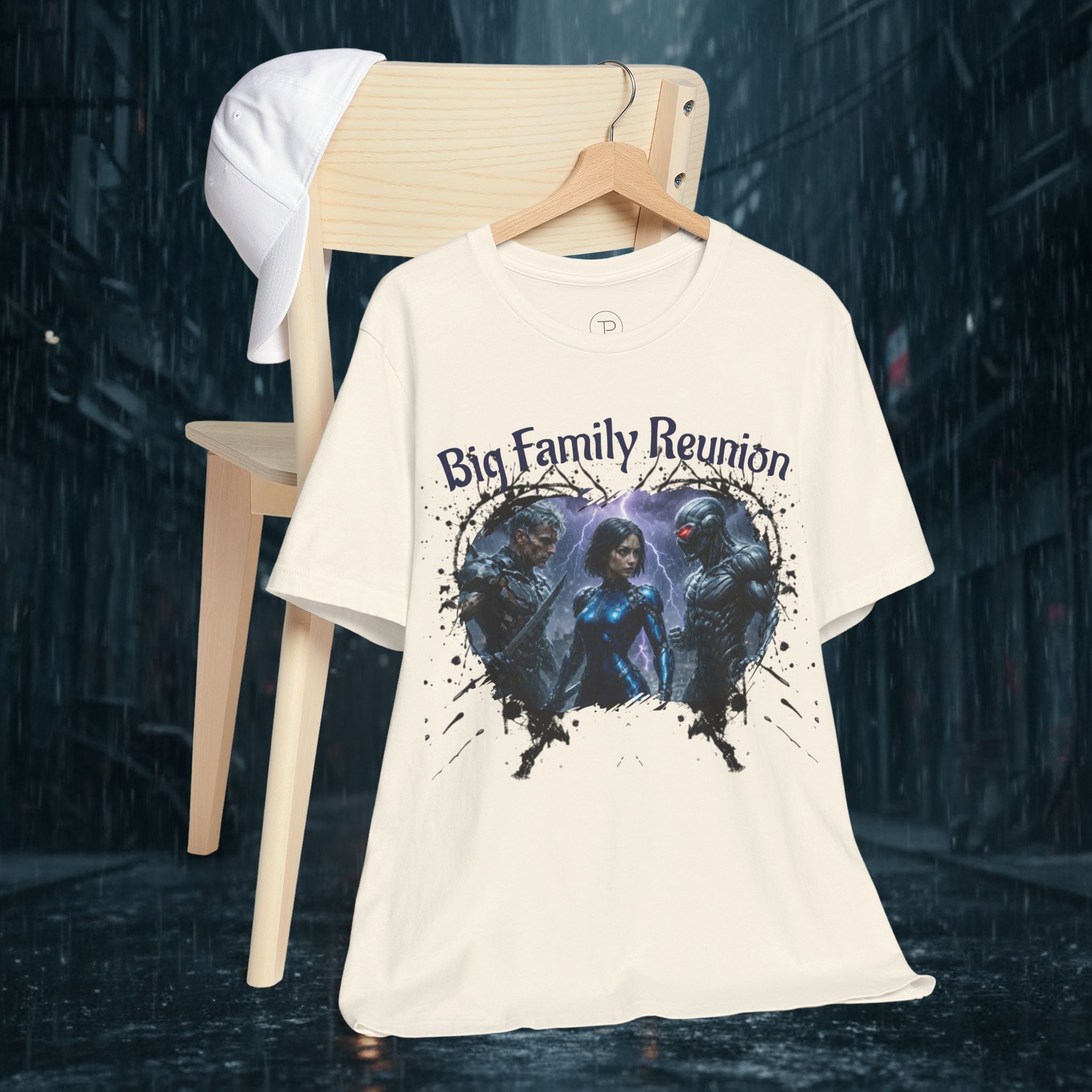 T-Shirt — "Big Family Reunion" Sci‑Fi Character Heart Graphic Tee - Battle Suits