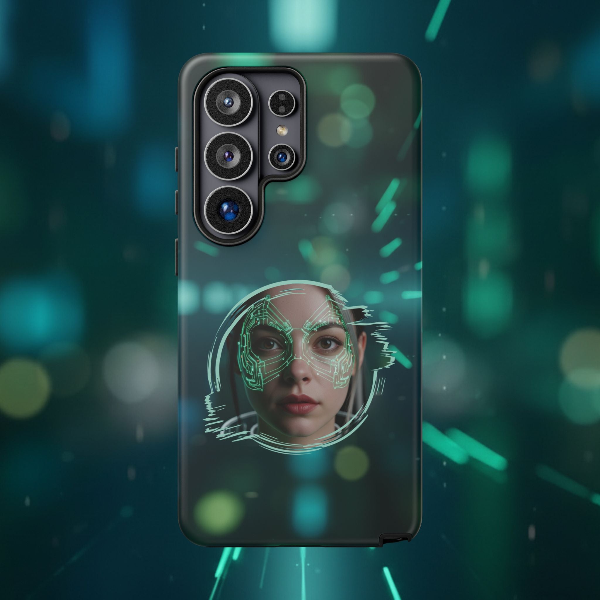 Cyberpunk Portrait Phone Case — Futuristic Neon Tech Face Design Tough Case - Green Cyborg Woman