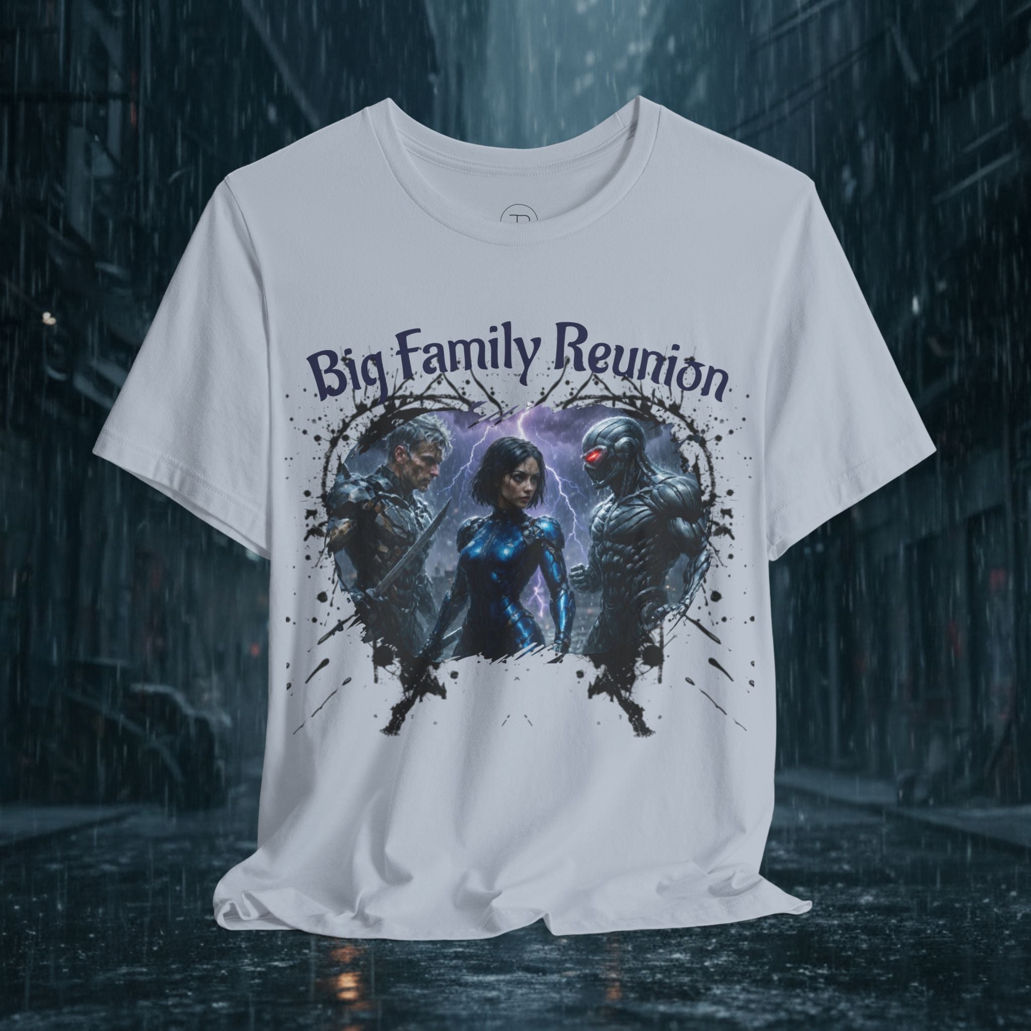 T-Shirt — "Big Family Reunion" Sci‑Fi Character Heart Graphic Tee - Battle Suits
