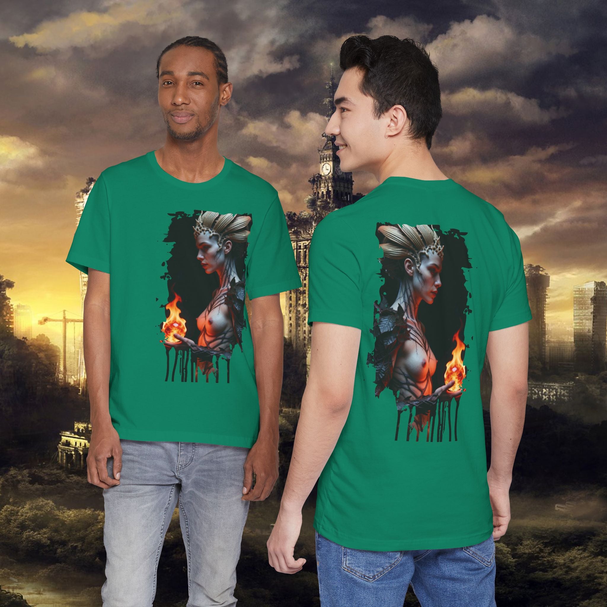 Mythic Fire Goddess T‑Shirt — Fantasy Portrait Tee with Flaming Orb - Alexia Ashford Side Face