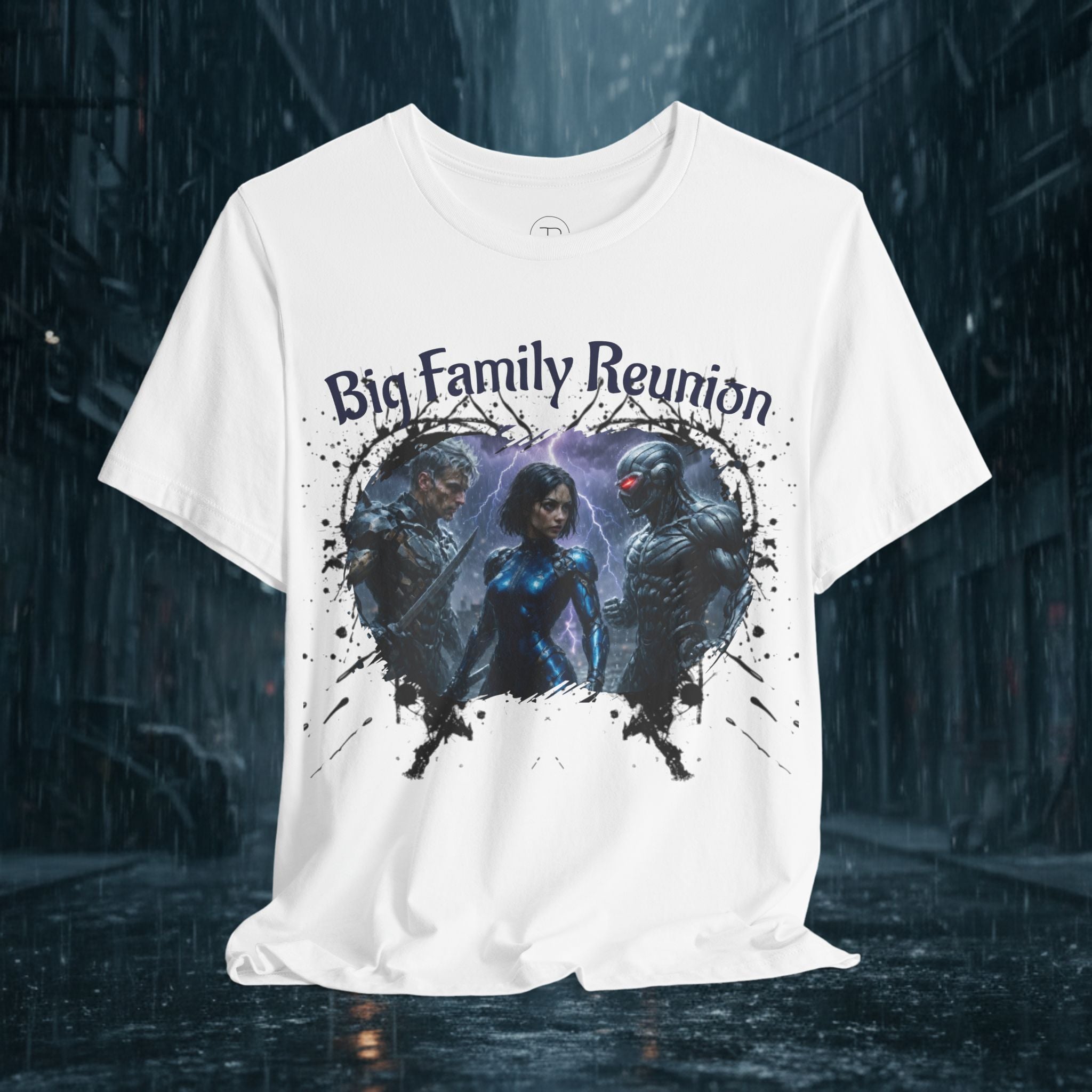 T-Shirt — "Big Family Reunion" Sci‑Fi Character Heart Graphic Tee - Battle Suits