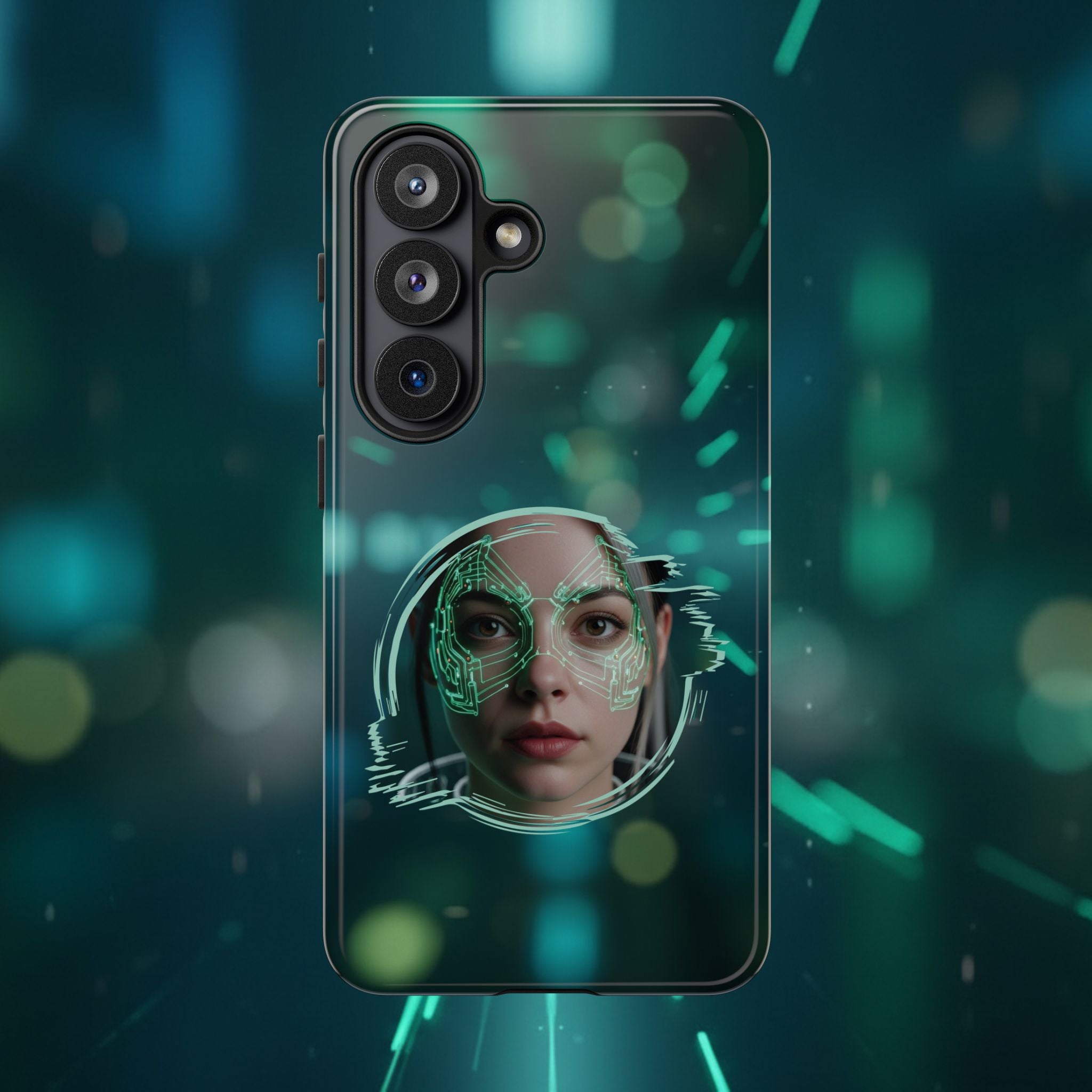 Cyberpunk Portrait Phone Case — Futuristic Neon Tech Face Design Tough Case - Green Cyborg Woman