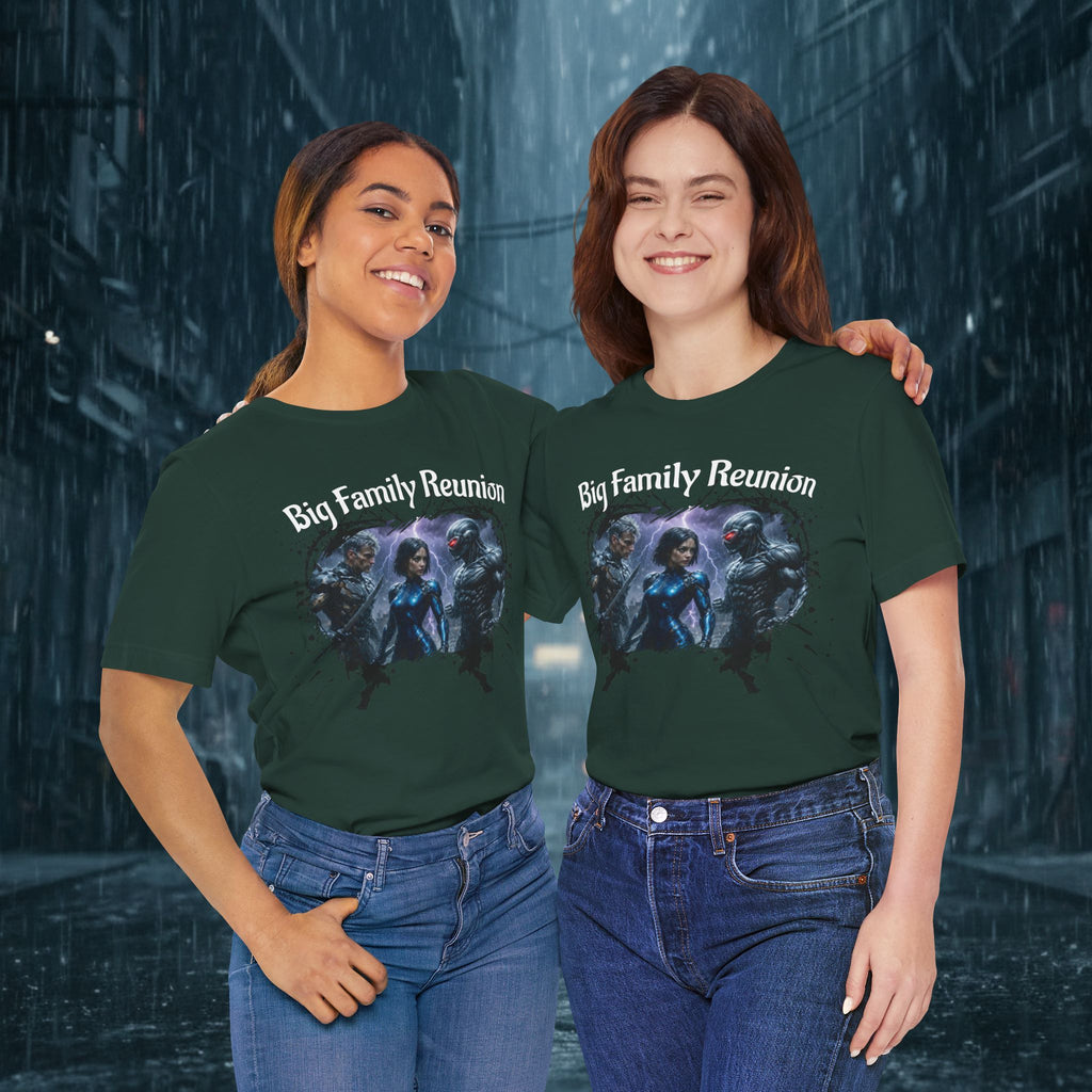 T-Shirt — "Big Family Reunion" Sci‑Fi Character Heart Graphic Tee - Battle Suits