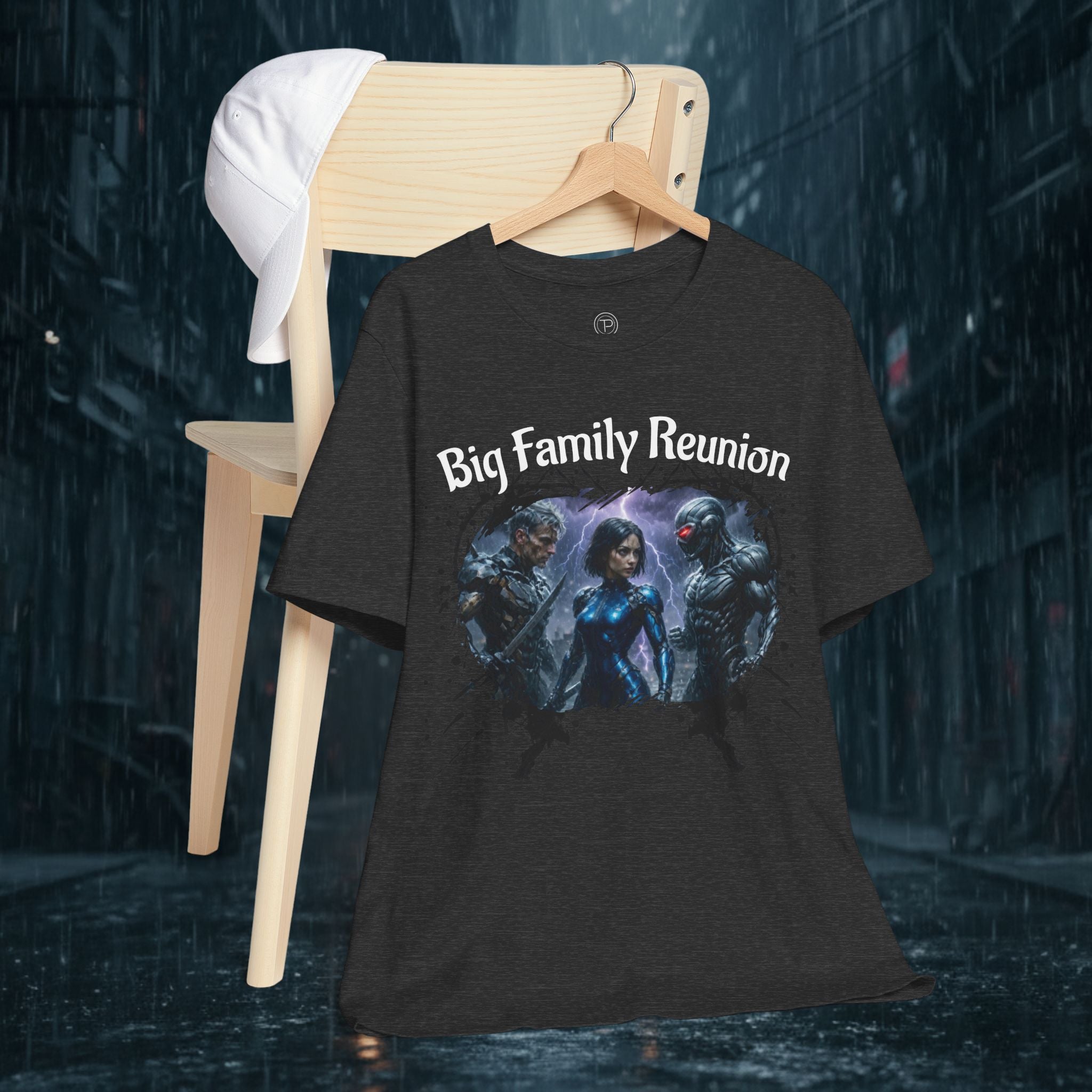 T-Shirt — "Big Family Reunion" Sci‑Fi Character Heart Graphic Tee - Battle Suits