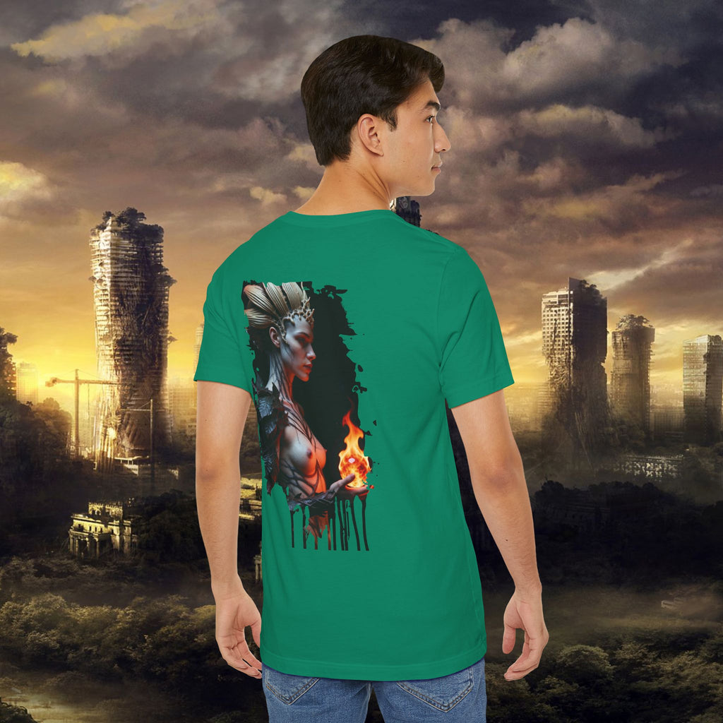 Mythic Fire Goddess T‑Shirt — Fantasy Portrait Tee with Flaming Orb - Alexia Ashford Side Face