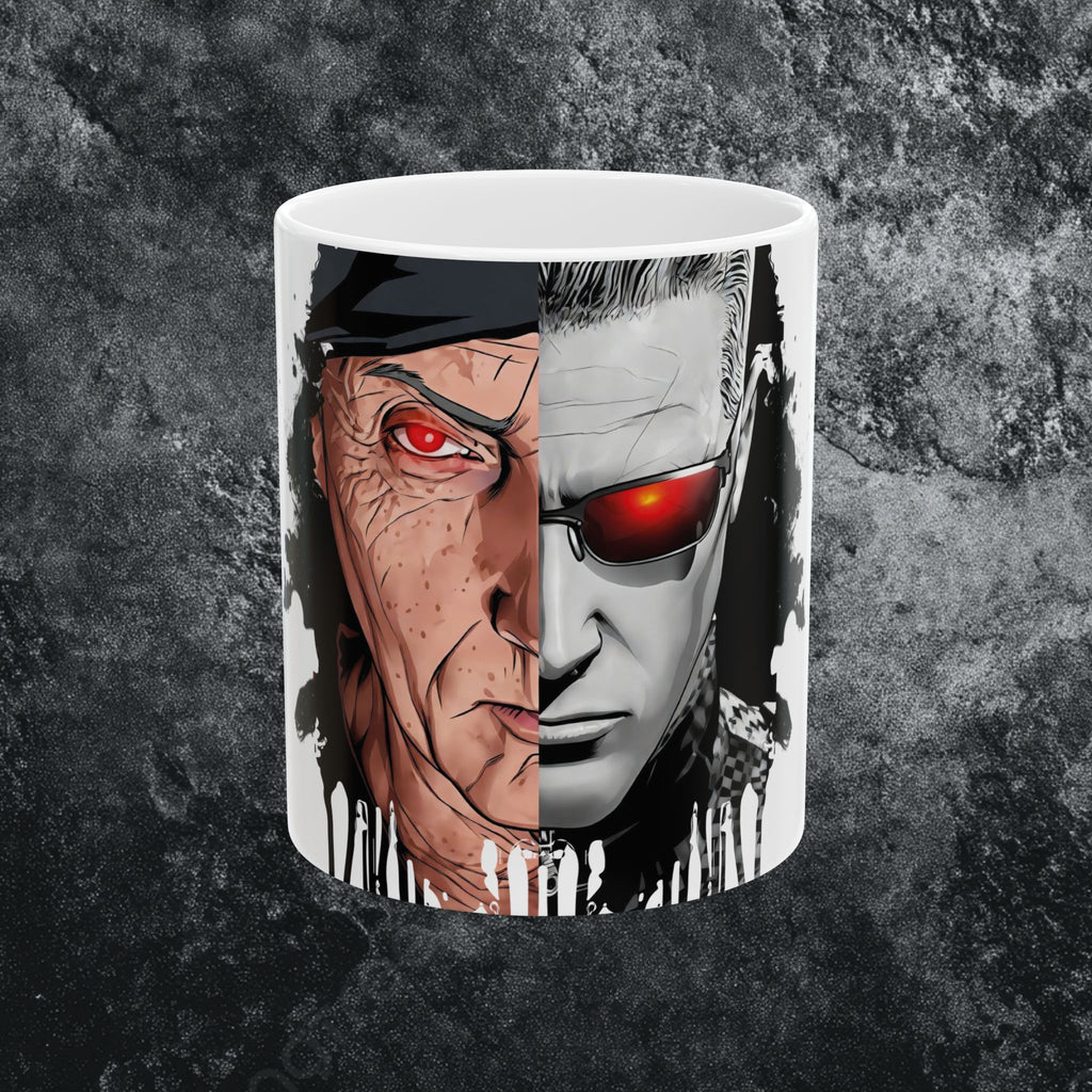 Split Face Cyborg vs Mutant Mug — Sci‑Fi Half‑Human Red Eye Ceramic Coffee Cup (11oz/15oz) JIGSAW Y WESKER - JIGWES