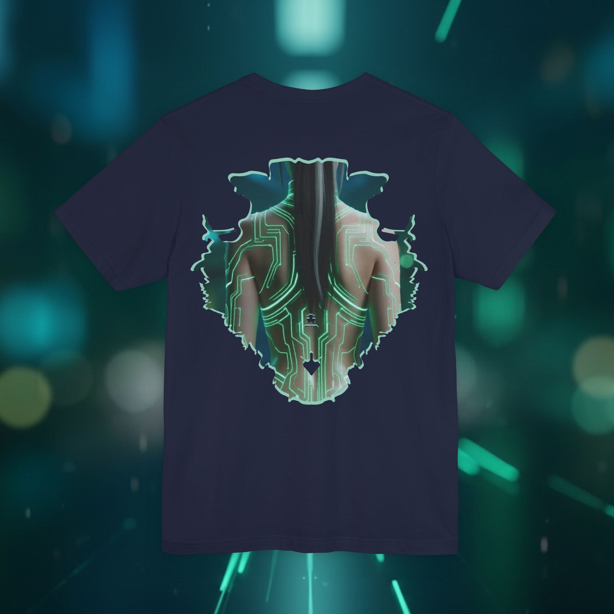 Cybernetic Portrait Tee — Futuristic Neon Circuit Face Graphic Shirt - Green Cyborg Woman