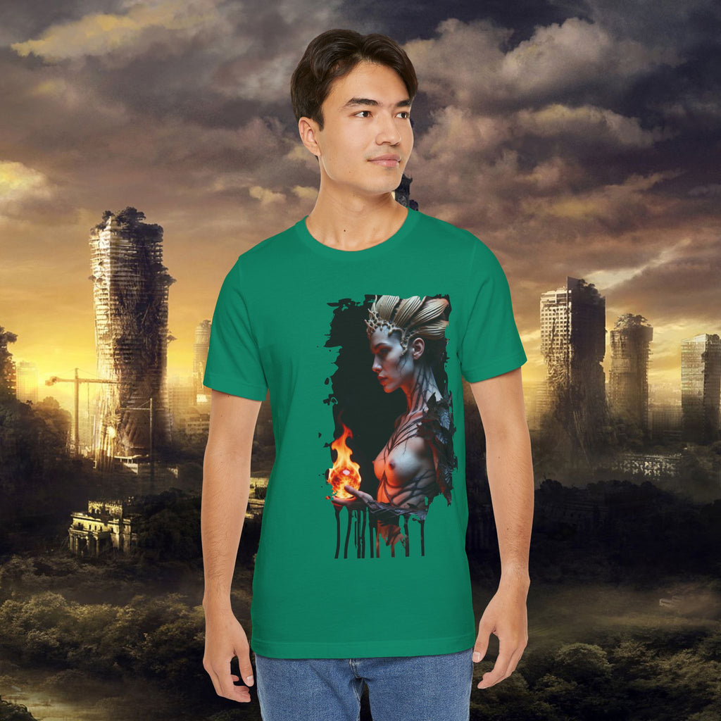 Mythic Fire Goddess T‑Shirt — Fantasy Portrait Tee with Flaming Orb - Alexia Ashford Side Face
