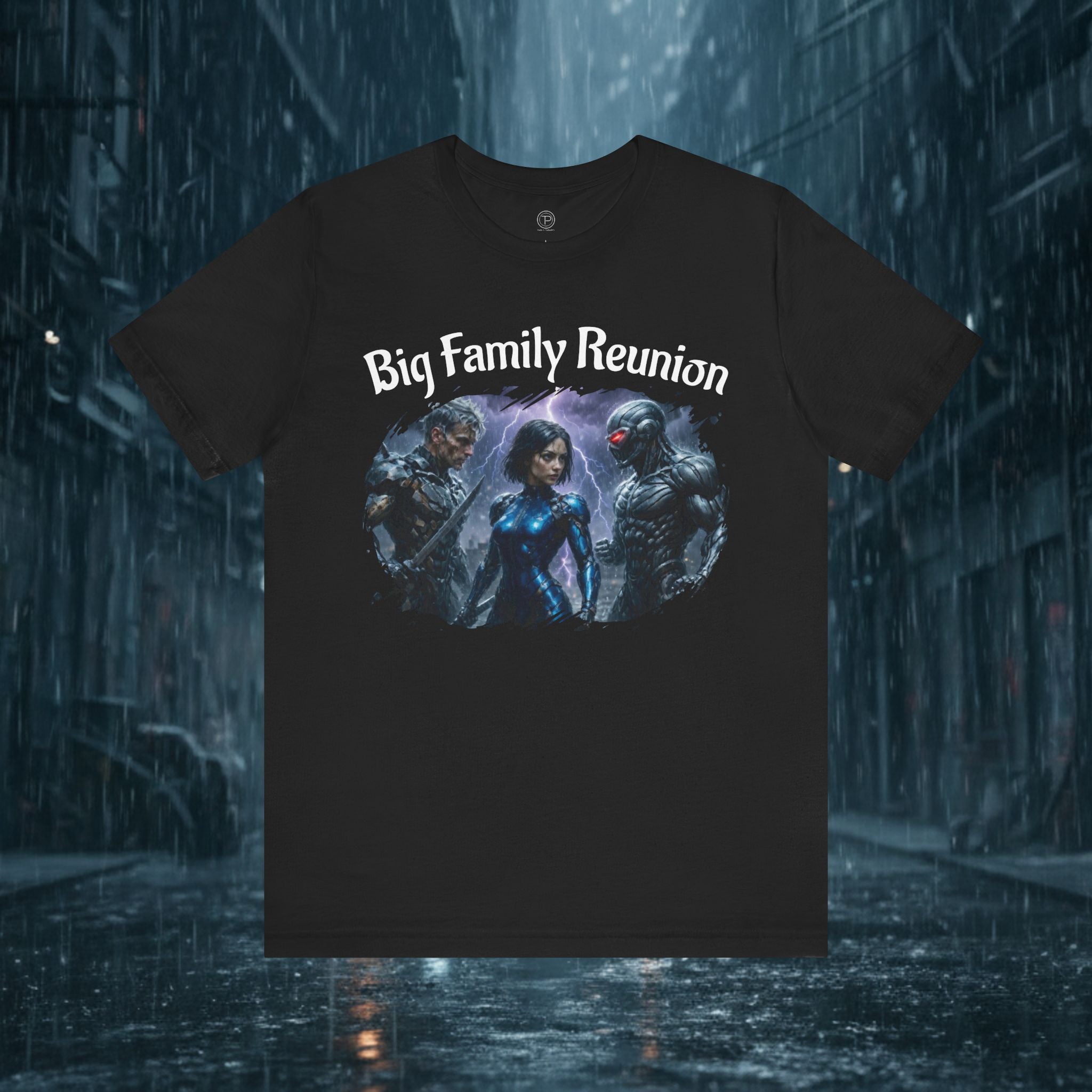 T-Shirt — "Big Family Reunion" Sci‑Fi Character Heart Graphic Tee - Battle Suits