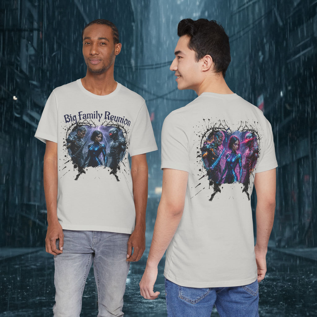 T-Shirt — "Big Family Reunion" Sci‑Fi Character Heart Graphic Tee - Battle Suits