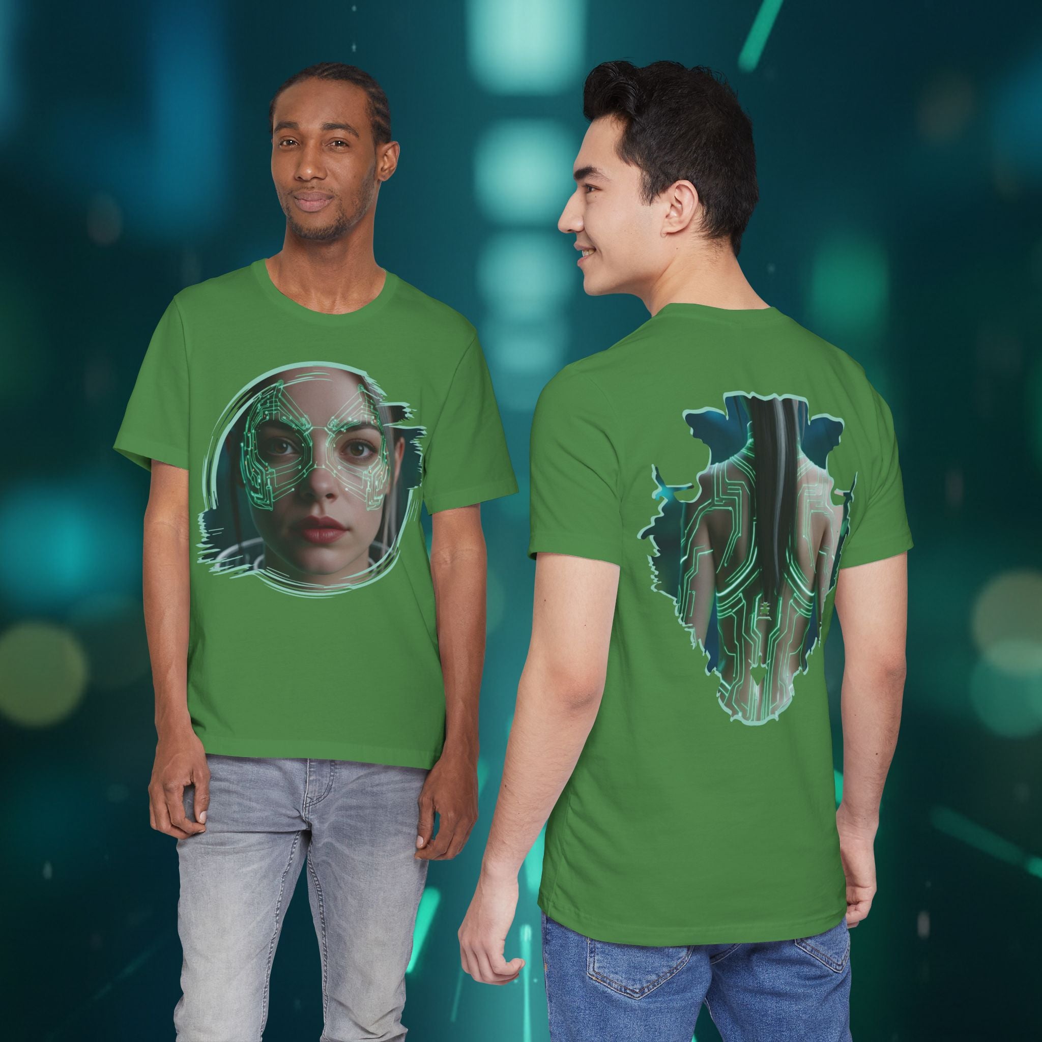 Cybernetic Portrait Tee — Futuristic Neon Circuit Face Graphic Shirt - Green Cyborg Woman