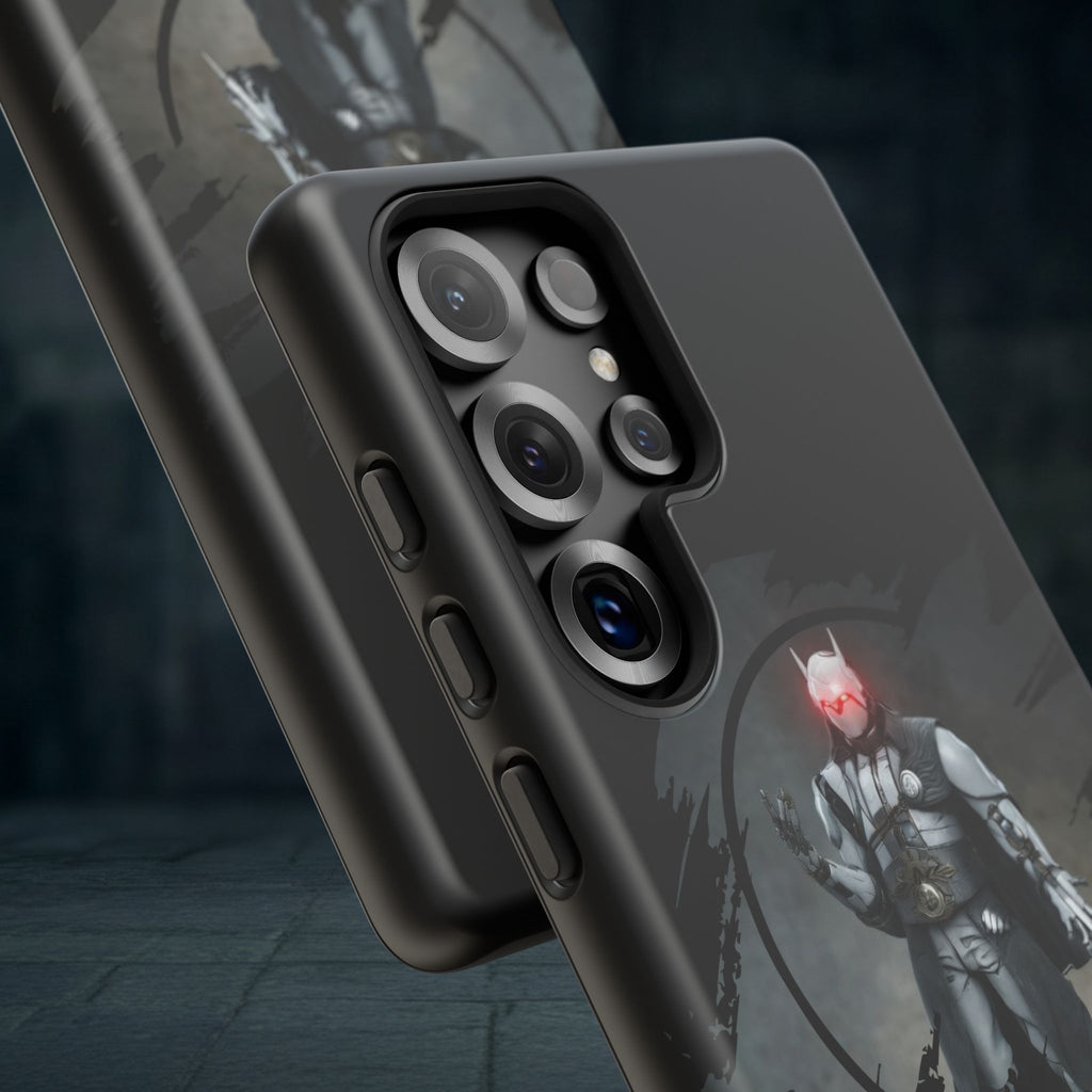 Galaxy Warrior Tough Phone Case — Dark Sci‑Fi Armor with Red Helm