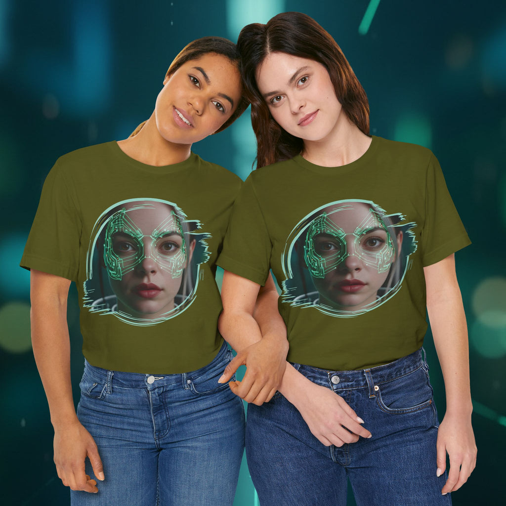 Cybernetic Portrait Tee — Futuristic Neon Circuit Face Graphic Shirt - Green Cyborg Woman
