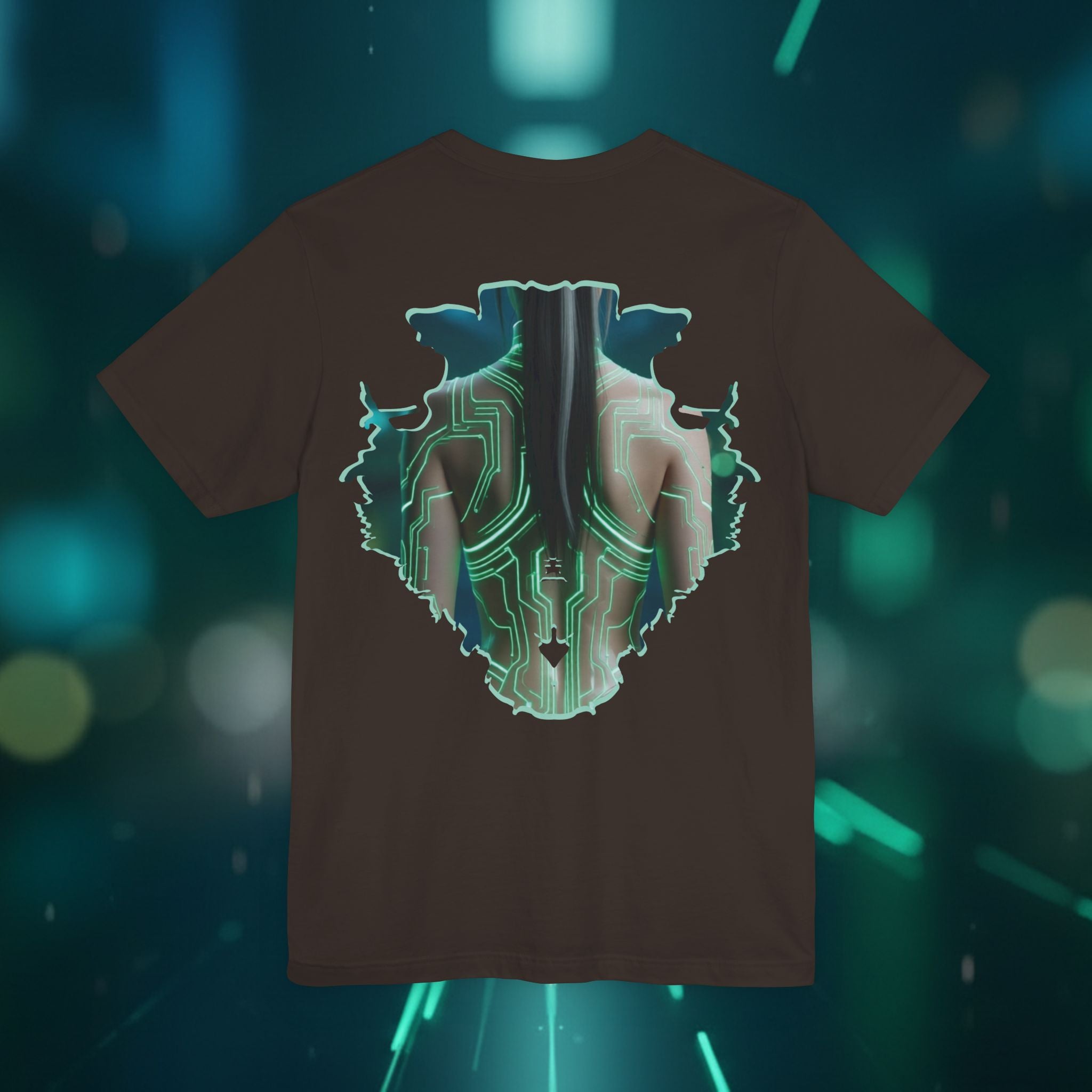 Cybernetic Portrait Tee — Futuristic Neon Circuit Face Graphic Shirt - Green Cyborg Woman