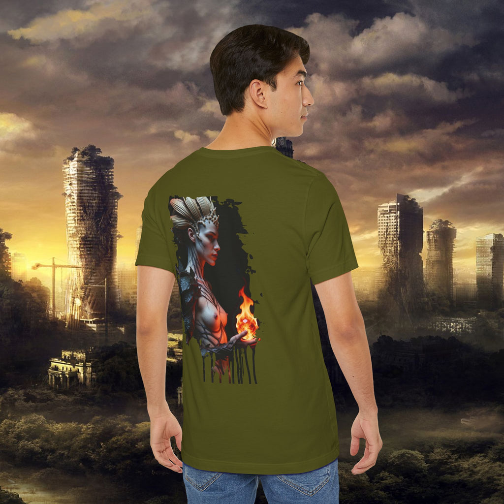Mythic Fire Goddess T‑Shirt — Fantasy Portrait Tee with Flaming Orb - Alexia Ashford Side Face