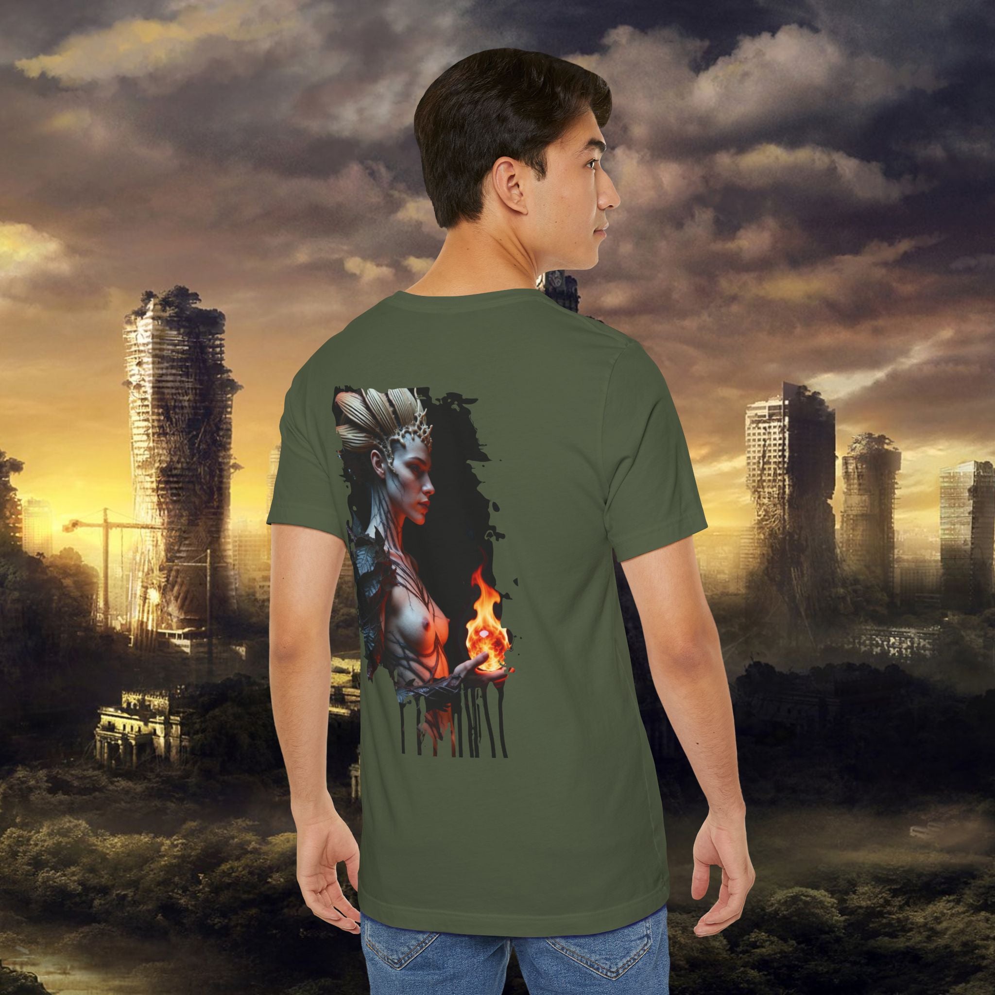 Mythic Fire Goddess T‑Shirt — Fantasy Portrait Tee with Flaming Orb - Alexia Ashford Side Face