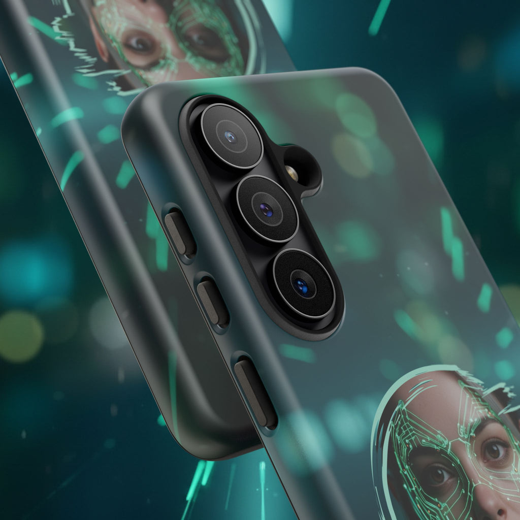 Cyberpunk Portrait Phone Case — Futuristic Neon Tech Face Design Tough Case - Green Cyborg Woman