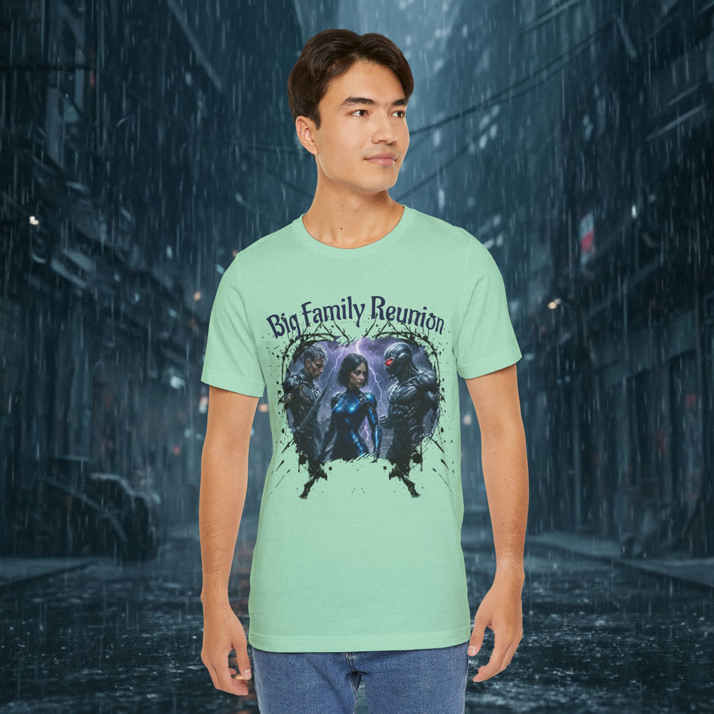 T-Shirt — "Big Family Reunion" Sci‑Fi Character Heart Graphic Tee - Battle Suits