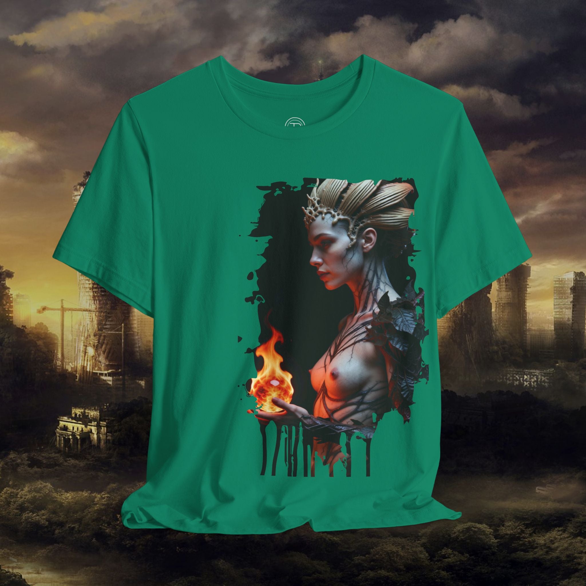 Mythic Fire Goddess T‑Shirt — Fantasy Portrait Tee with Flaming Orb - Alexia Ashford Side Face