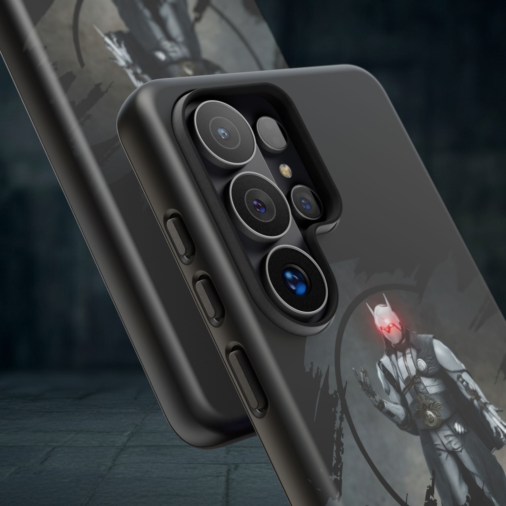 Galaxy Warrior Tough Phone Case — Dark Sci‑Fi Armor with Red Helm