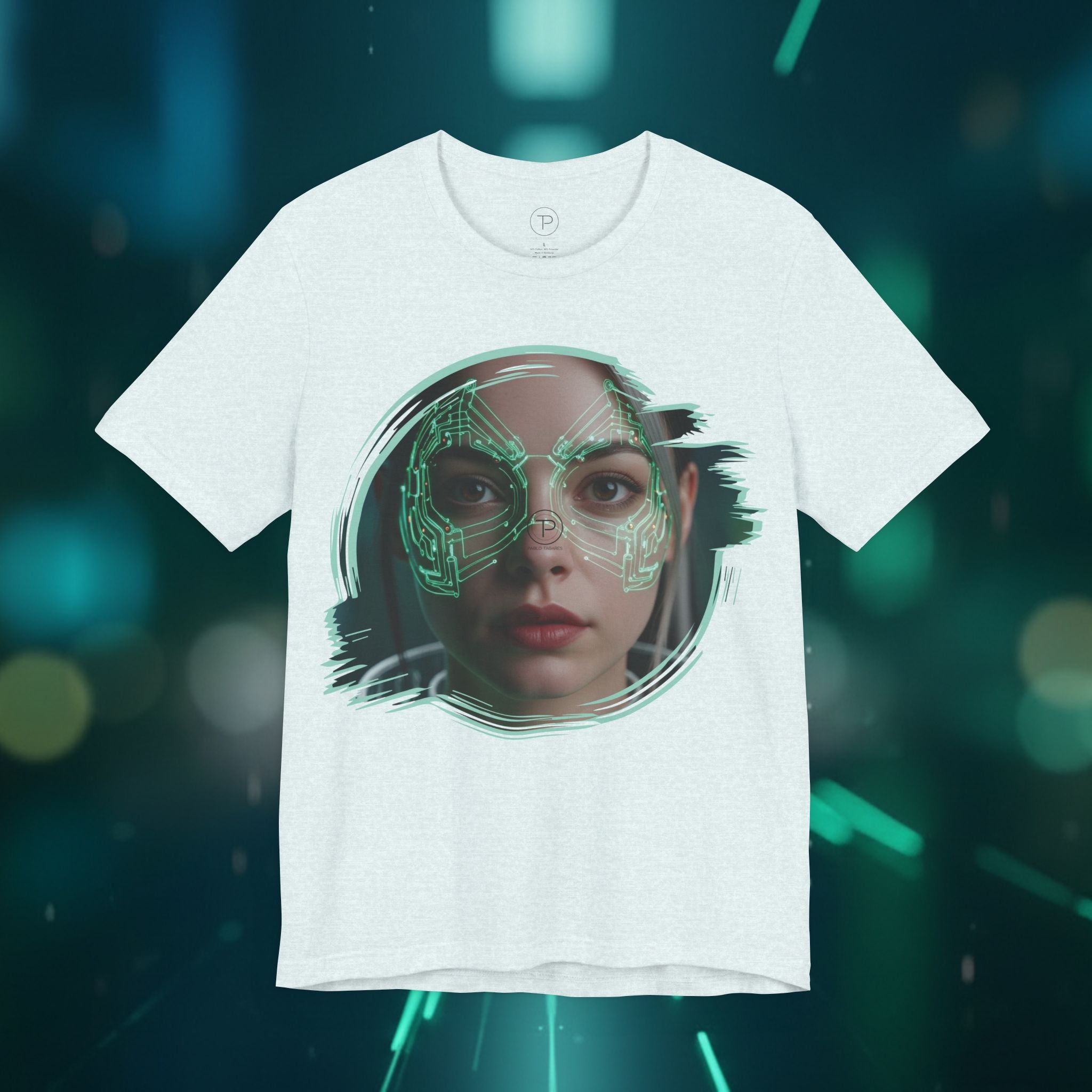Cybernetic Portrait Tee — Futuristic Neon Circuit Face Graphic Shirt - Green Cyborg Woman