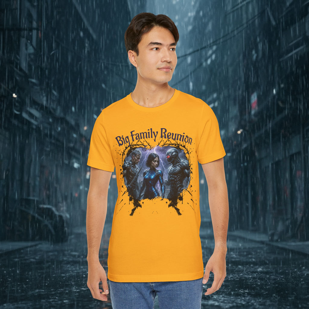 T-Shirt — "Big Family Reunion" Sci‑Fi Character Heart Graphic Tee - Battle Suits