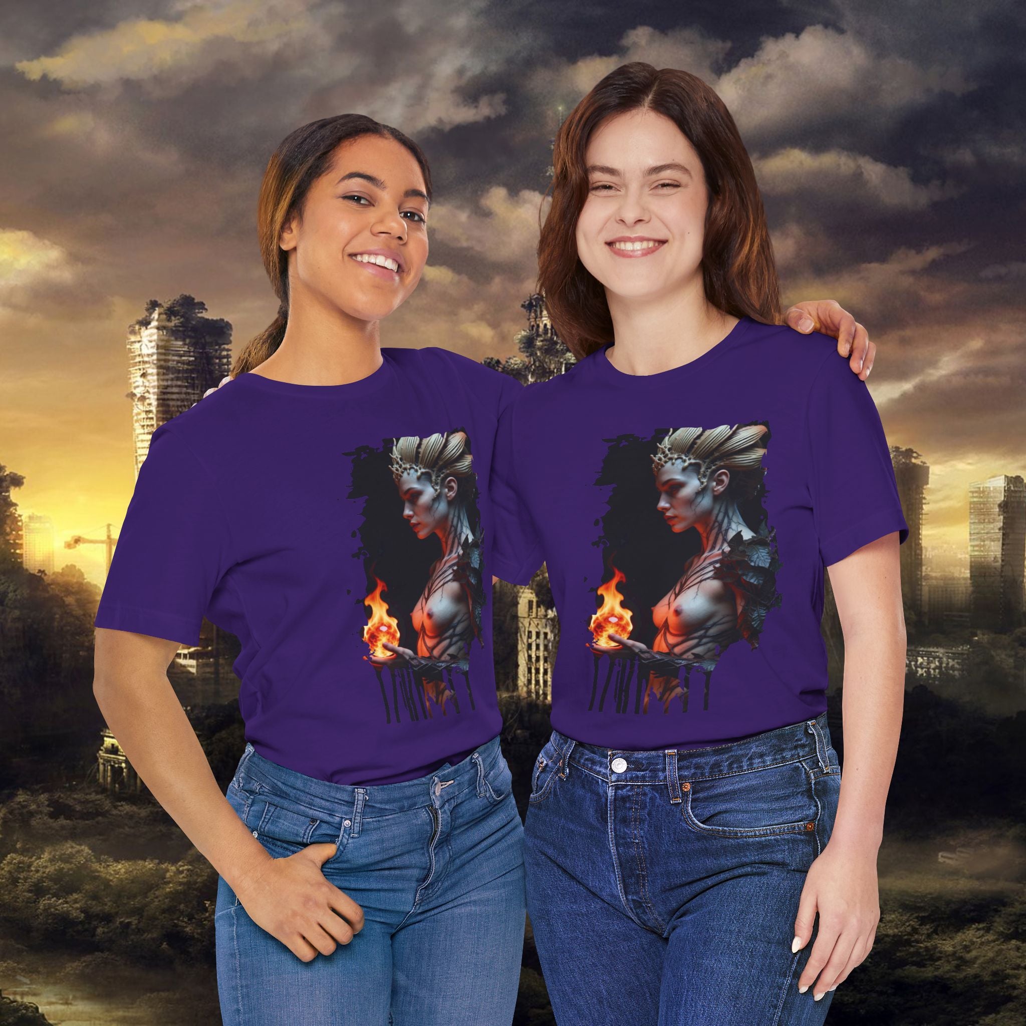 Mythic Fire Goddess T‑Shirt — Fantasy Portrait Tee with Flaming Orb - Alexia Ashford Side Face