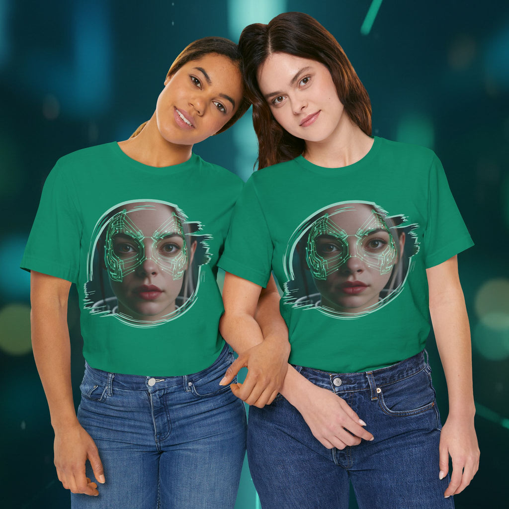 Cybernetic Portrait Tee — Futuristic Neon Circuit Face Graphic Shirt - Green Cyborg Woman