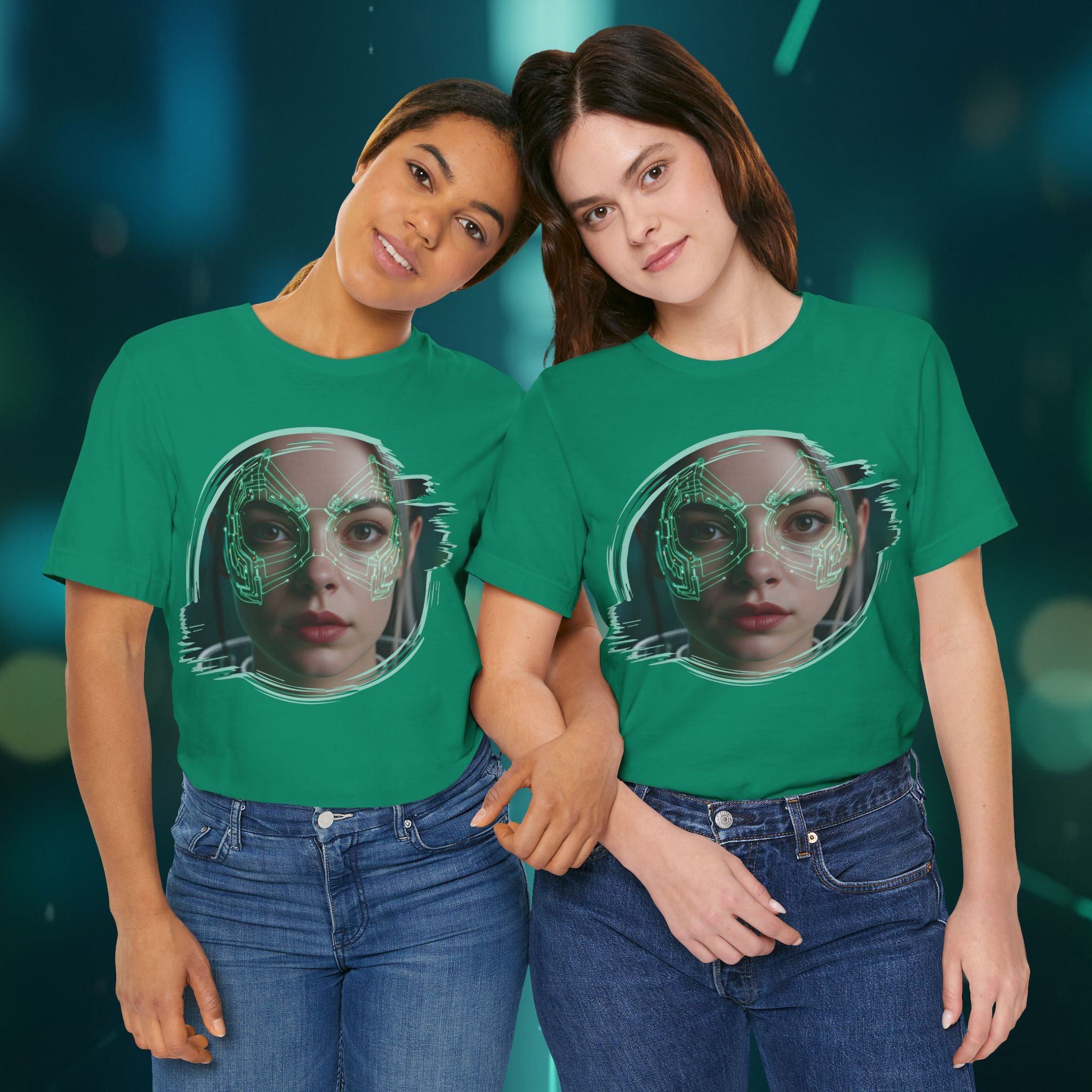 Cybernetic Portrait Tee — Futuristic Neon Circuit Face Graphic Shirt - Green Cyborg Woman