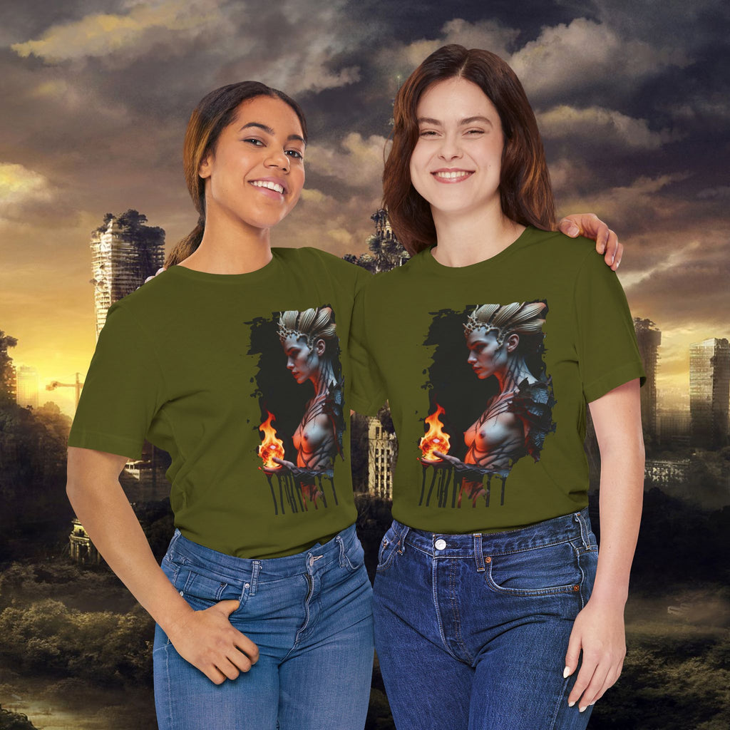 Mythic Fire Goddess T‑Shirt — Fantasy Portrait Tee with Flaming Orb - Alexia Ashford Side Face