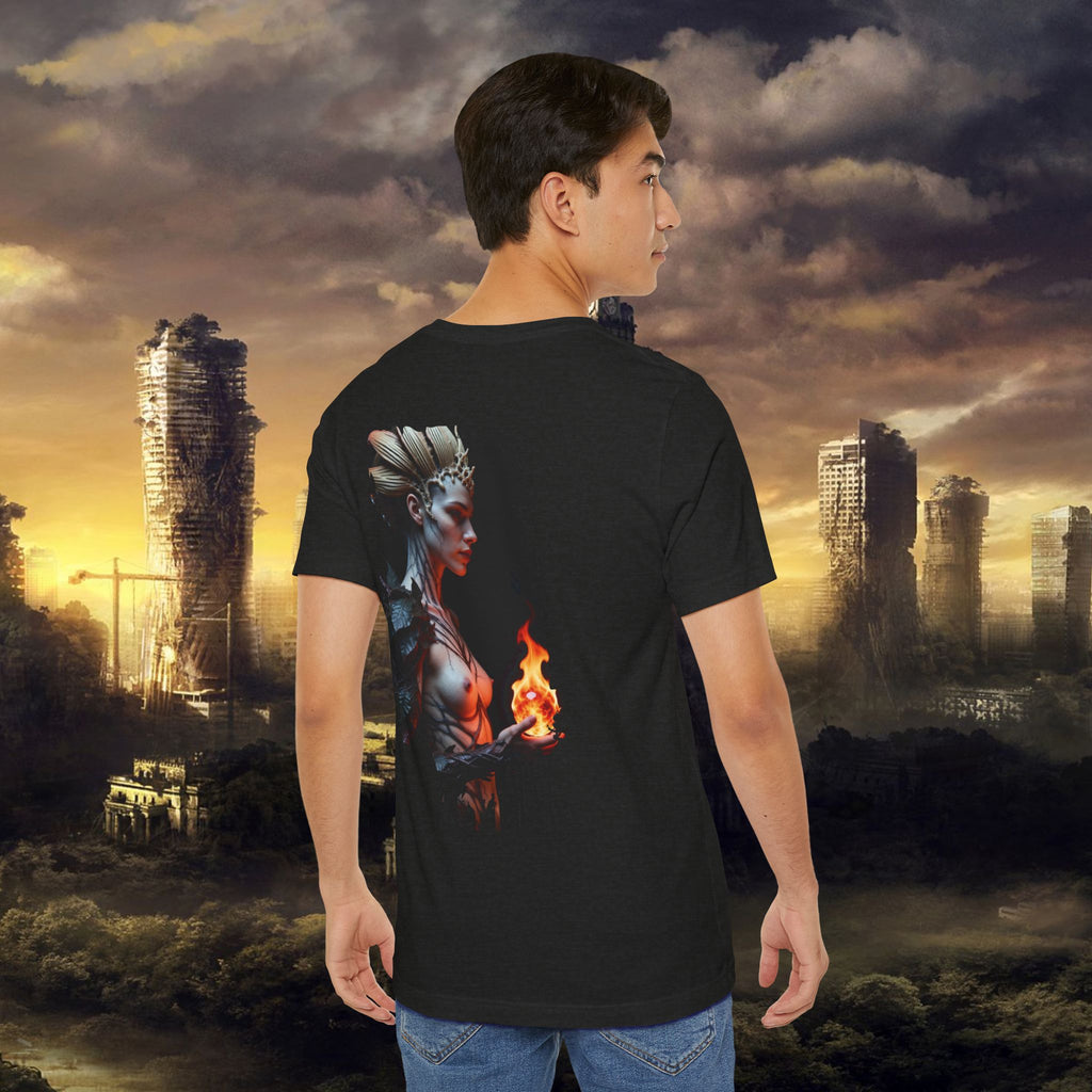 Mythic Fire Goddess T‑Shirt — Fantasy Portrait Tee with Flaming Orb - Alexia Ashford Side Face