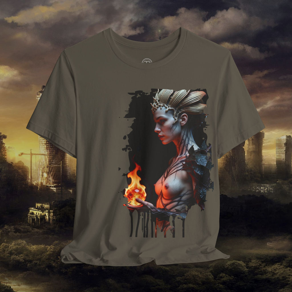 Mythic Fire Goddess T‑Shirt — Fantasy Portrait Tee with Flaming Orb - Alexia Ashford Side Face