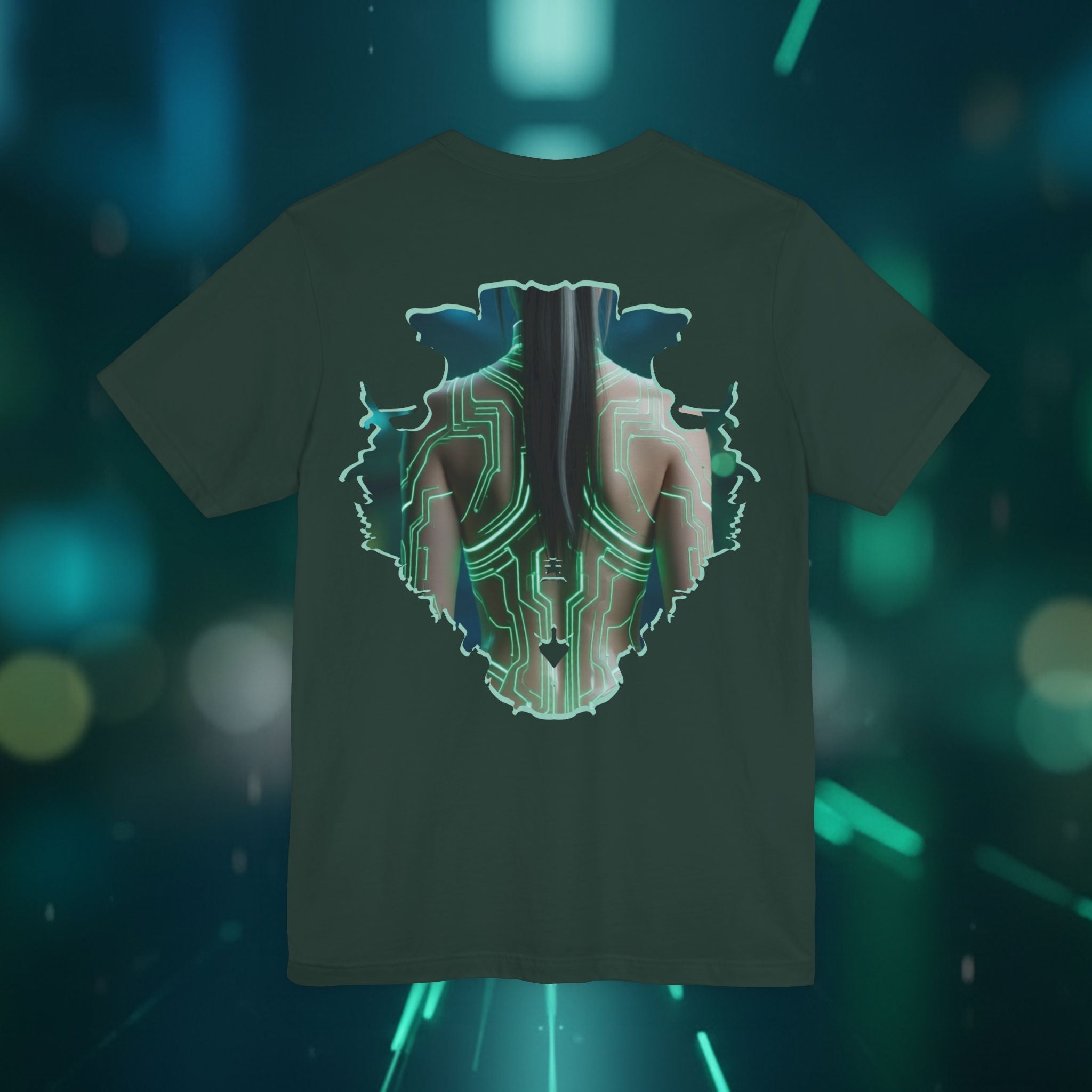 Cybernetic Portrait Tee — Futuristic Neon Circuit Face Graphic Shirt - Green Cyborg Woman