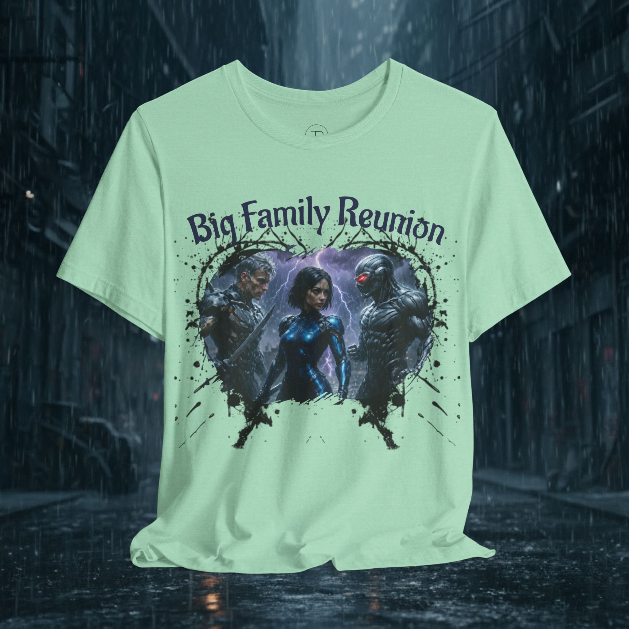 T-Shirt — "Big Family Reunion" Sci‑Fi Character Heart Graphic Tee - Battle Suits