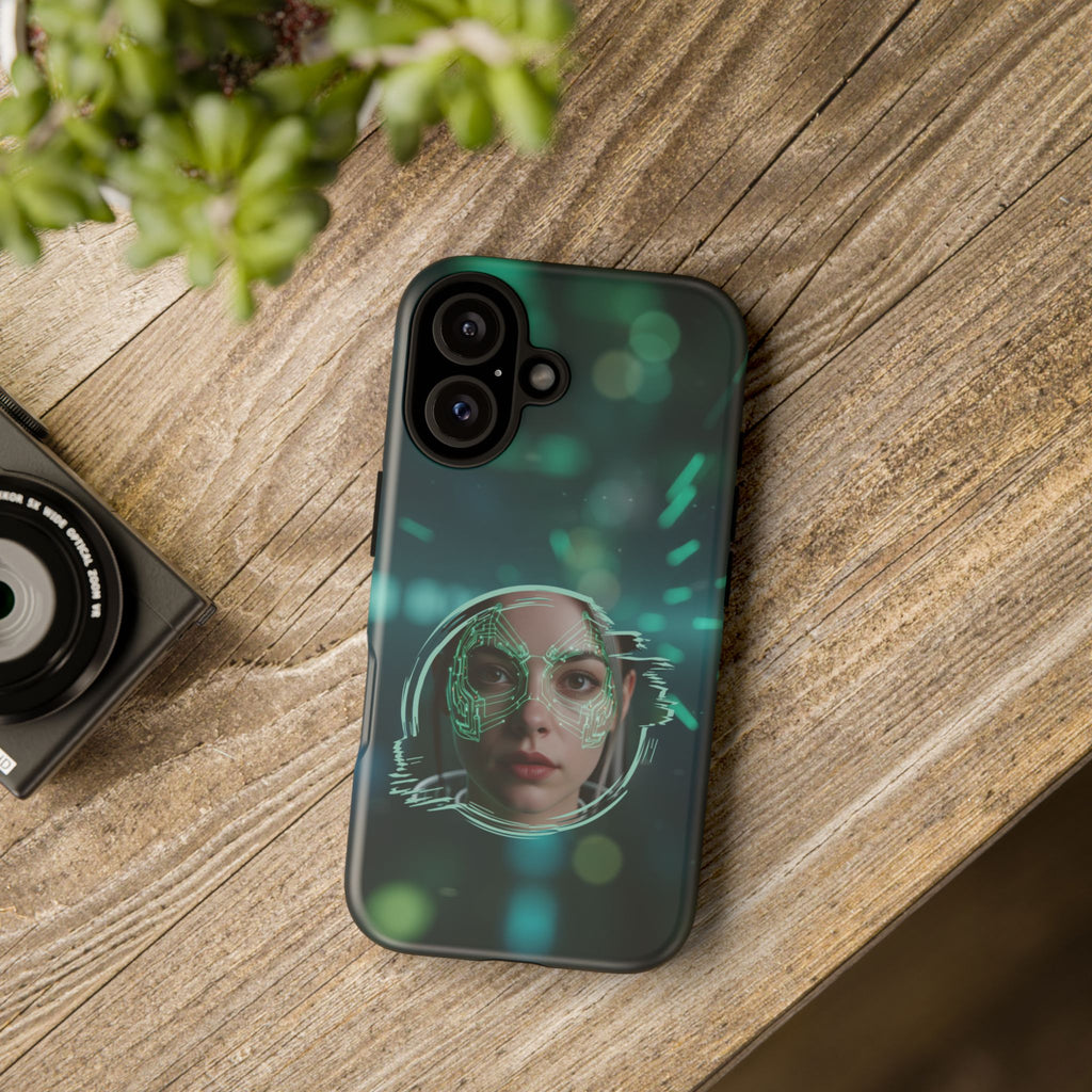 Cyberpunk Portrait Phone Case — Futuristic Neon Tech Face Design Tough Case - Green Cyborg Woman