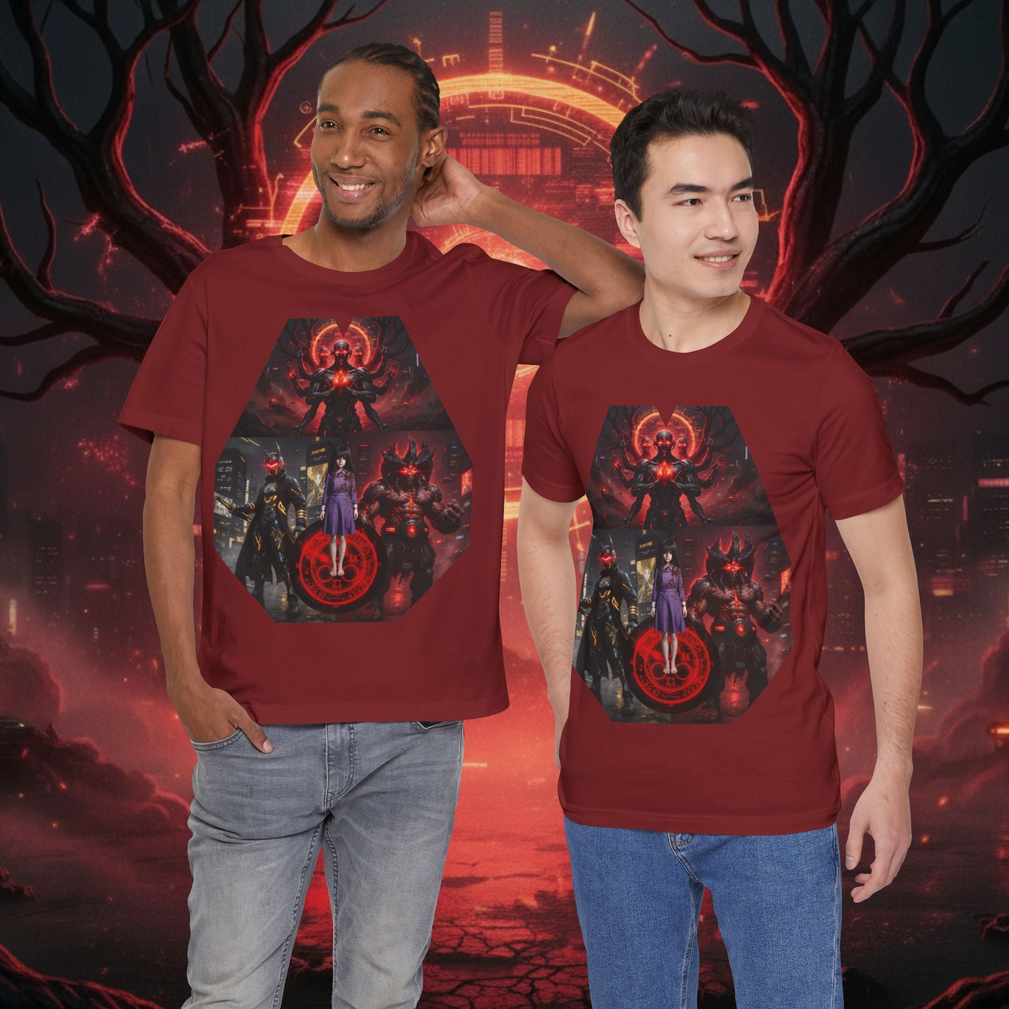 Superhero Squad Graphic Tee — Dark Red Mystic Design