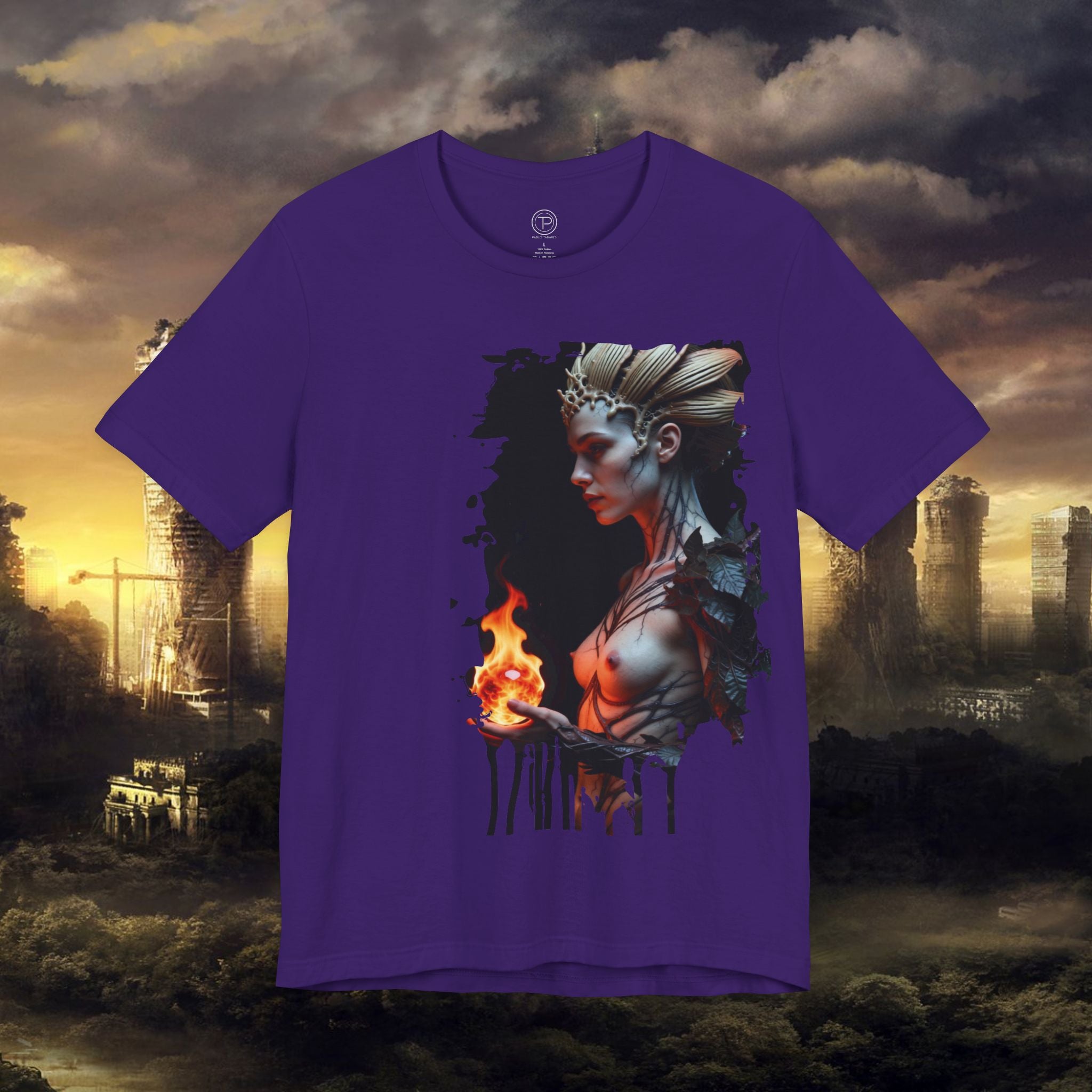 Mythic Fire Goddess T‑Shirt — Fantasy Portrait Tee with Flaming Orb - Alexia Ashford Side Face