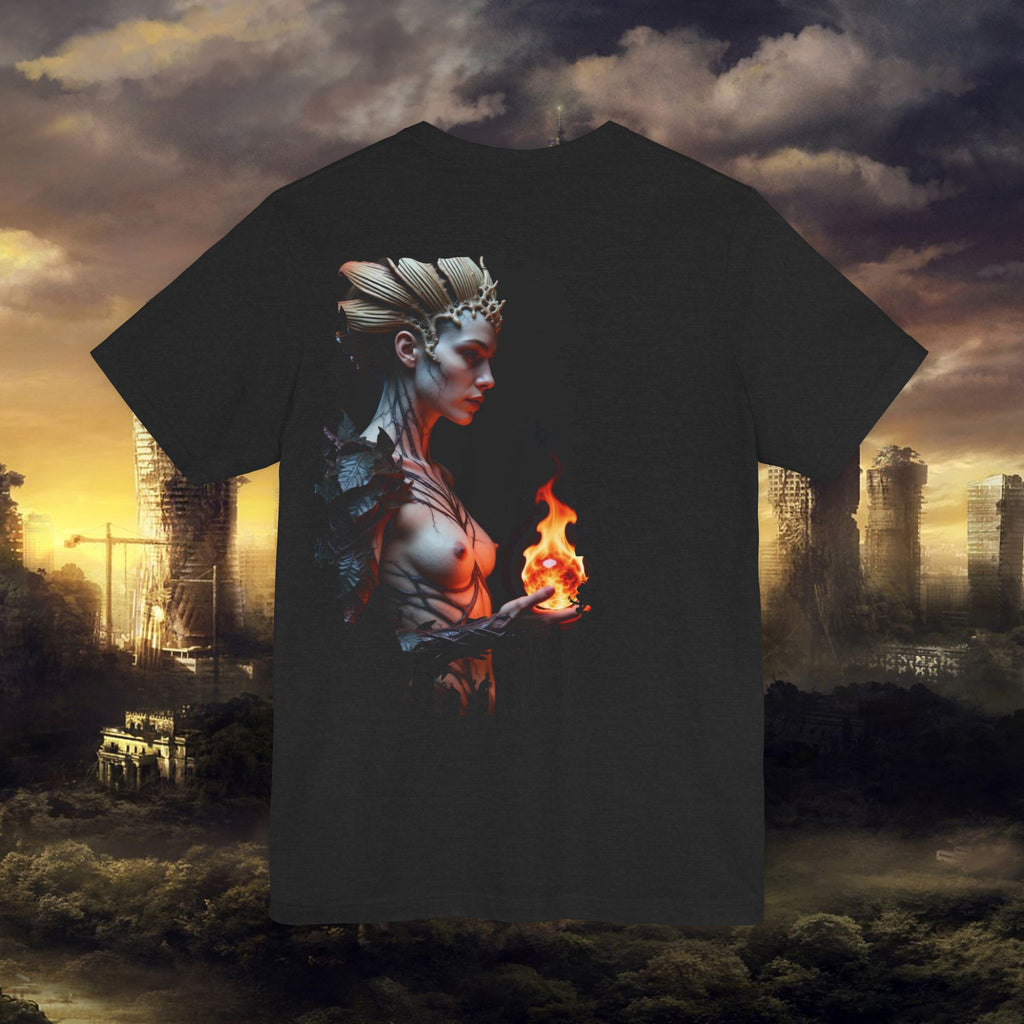 Mythic Fire Goddess T‑Shirt — Fantasy Portrait Tee with Flaming Orb - Alexia Ashford Side Face