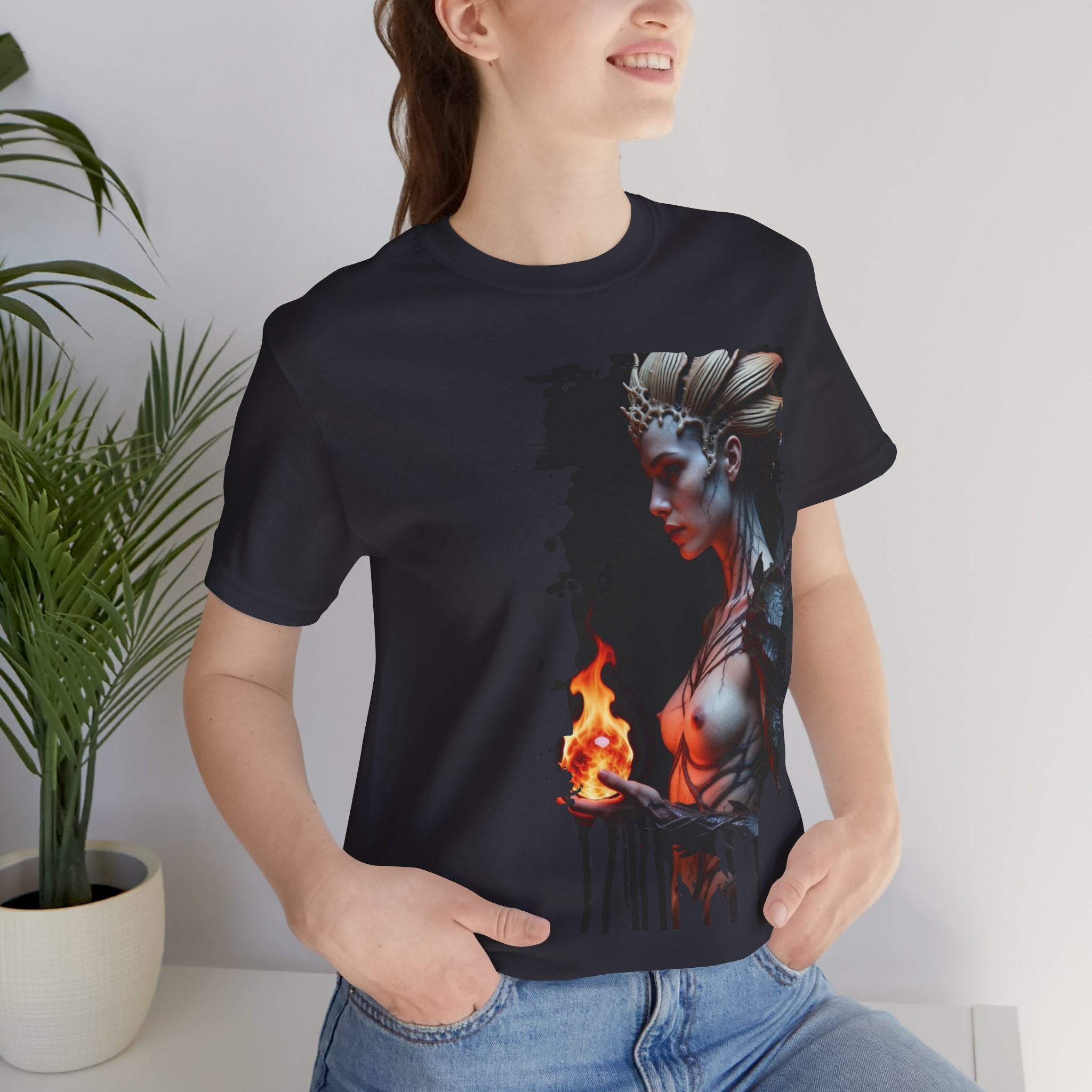 Mythic Fire Goddess T‑Shirt — Fantasy Portrait Tee with Flaming Orb - Alexia Ashford Side Face