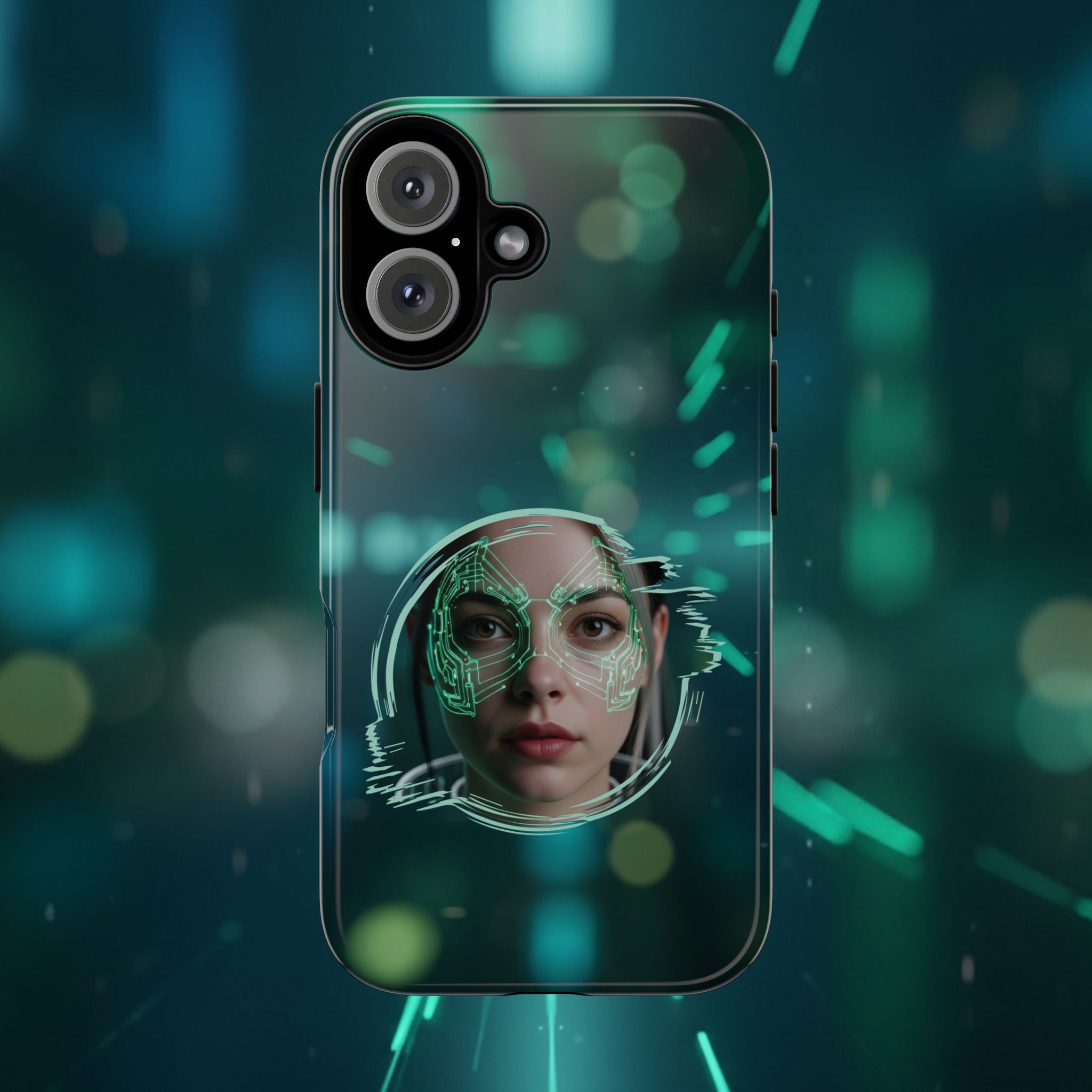 Cyberpunk Portrait Phone Case — Futuristic Neon Tech Face Design Tough Case - Green Cyborg Woman