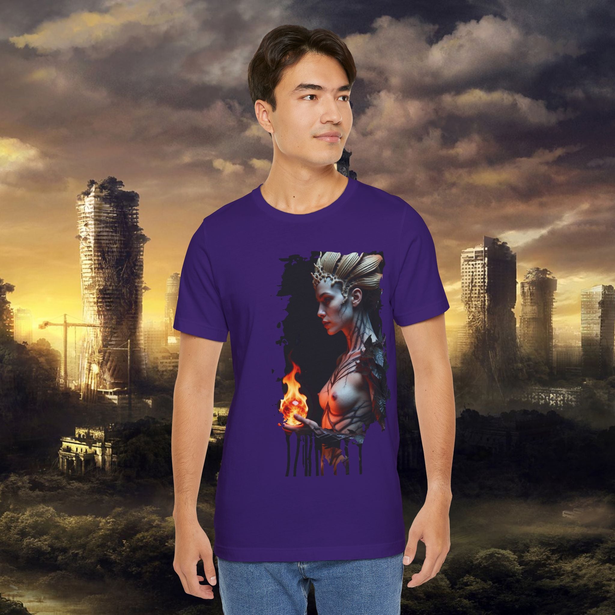 Mythic Fire Goddess T‑Shirt — Fantasy Portrait Tee with Flaming Orb - Alexia Ashford Side Face