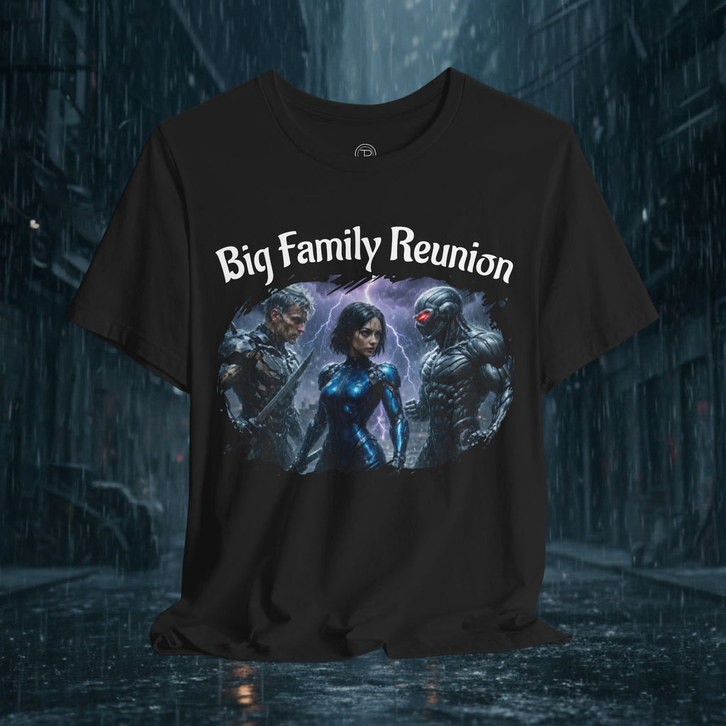 T-Shirt — "Big Family Reunion" Sci‑Fi Character Heart Graphic Tee - Battle Suits