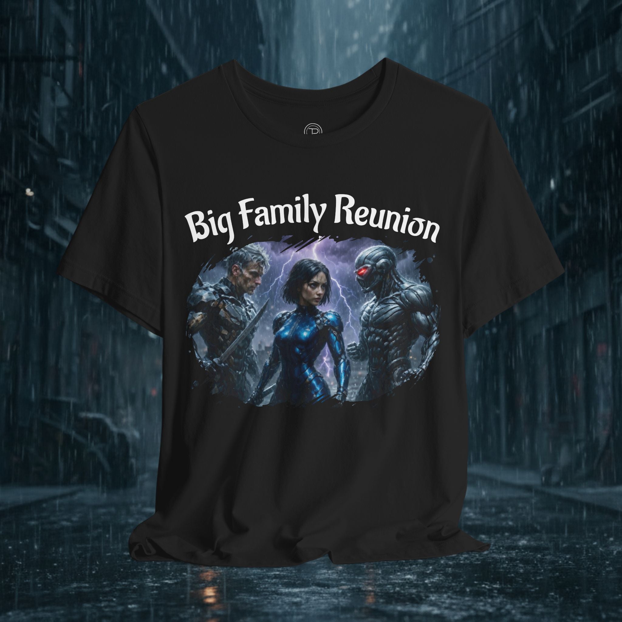 T-Shirt — "Big Family Reunion" Sci‑Fi Character Heart Graphic Tee - Battle Suits