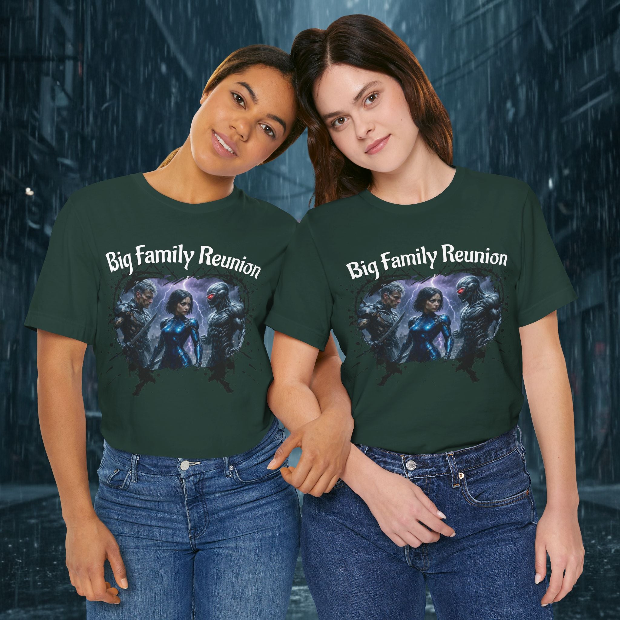 T-Shirt — "Big Family Reunion" Sci‑Fi Character Heart Graphic Tee - Battle Suits