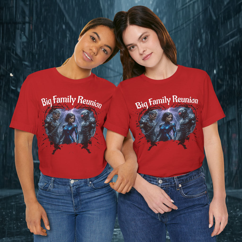 T-Shirt — "Big Family Reunion" Sci‑Fi Character Heart Graphic Tee - Battle Suits
