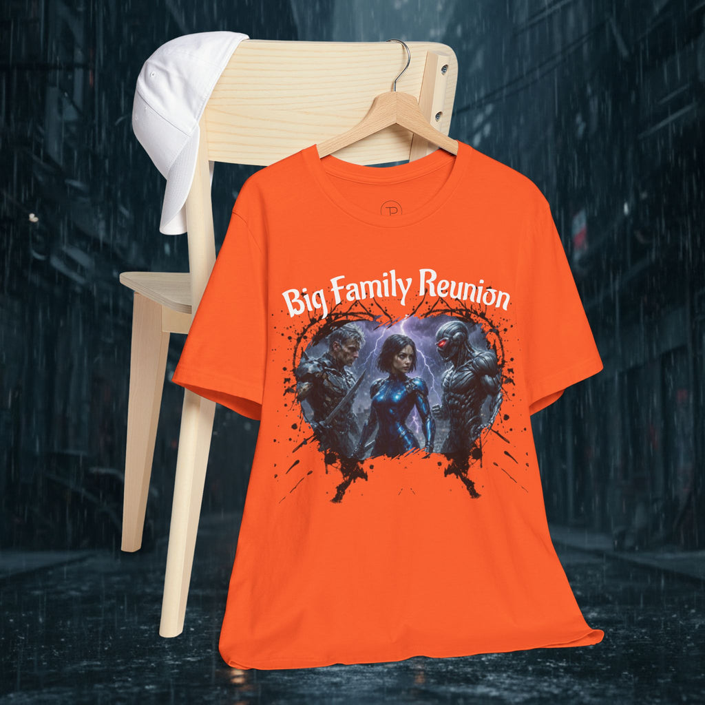 T-Shirt — "Big Family Reunion" Sci‑Fi Character Heart Graphic Tee - Battle Suits